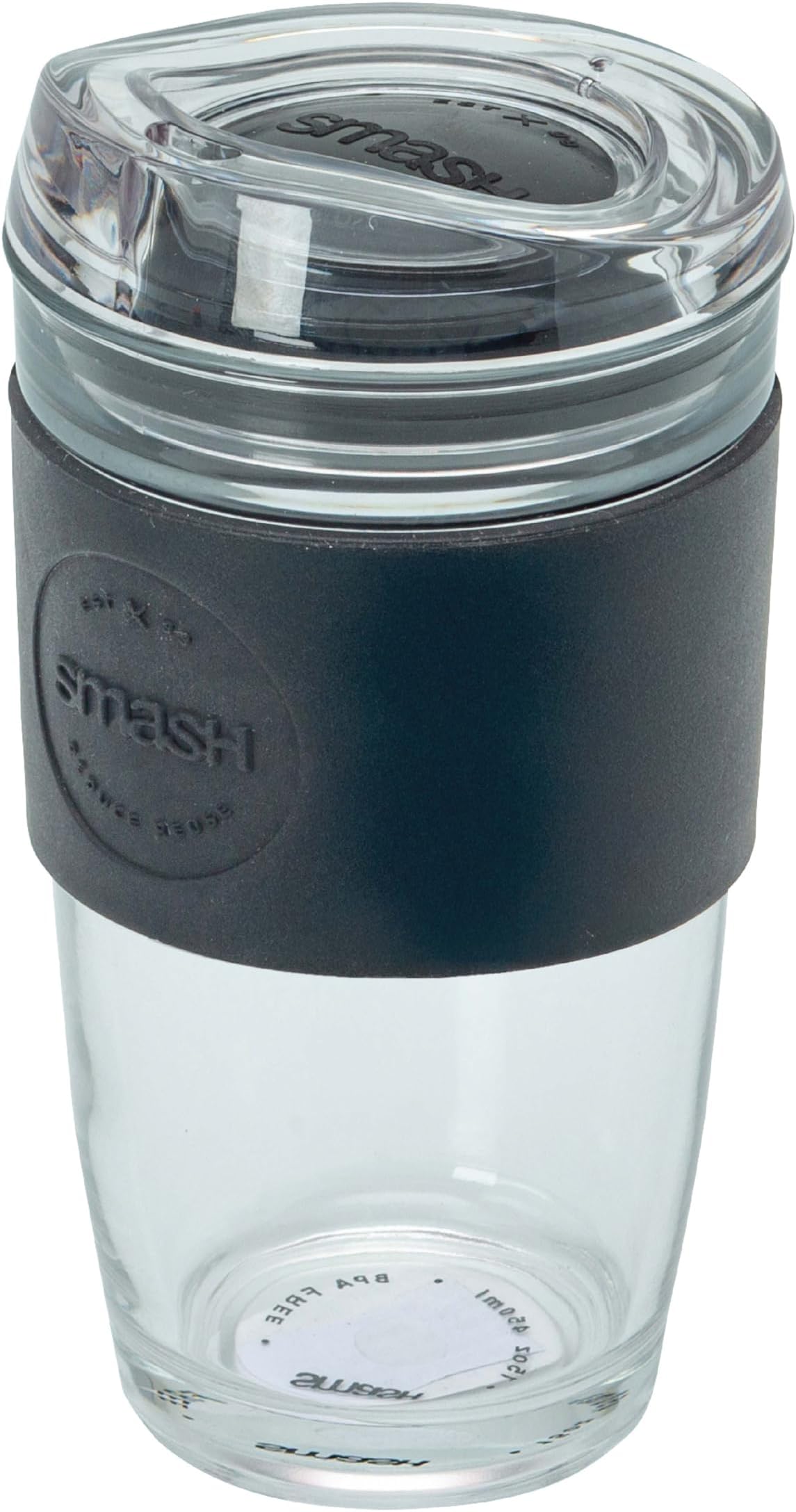 Smash Glass Coffee Cup 450ml /15 oz - Black| Reusable Borosilicate Glass Cup with Protective Silicone Sleeve, Splash-Proof Lid