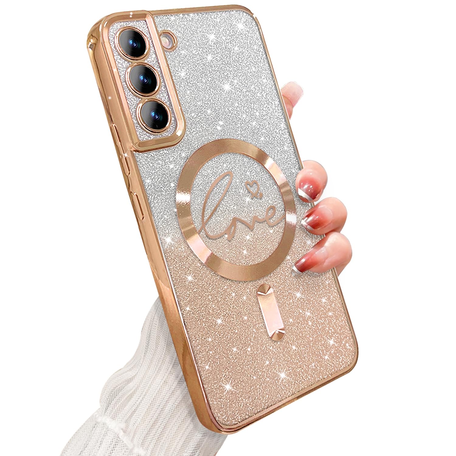 ZONRW for Samsung Galaxy S22 Plus Case Magnetic,for Women Girl Soft Cute Luxury Love Heart Plating Bling Gradient Glitter Phone Case Compatible with