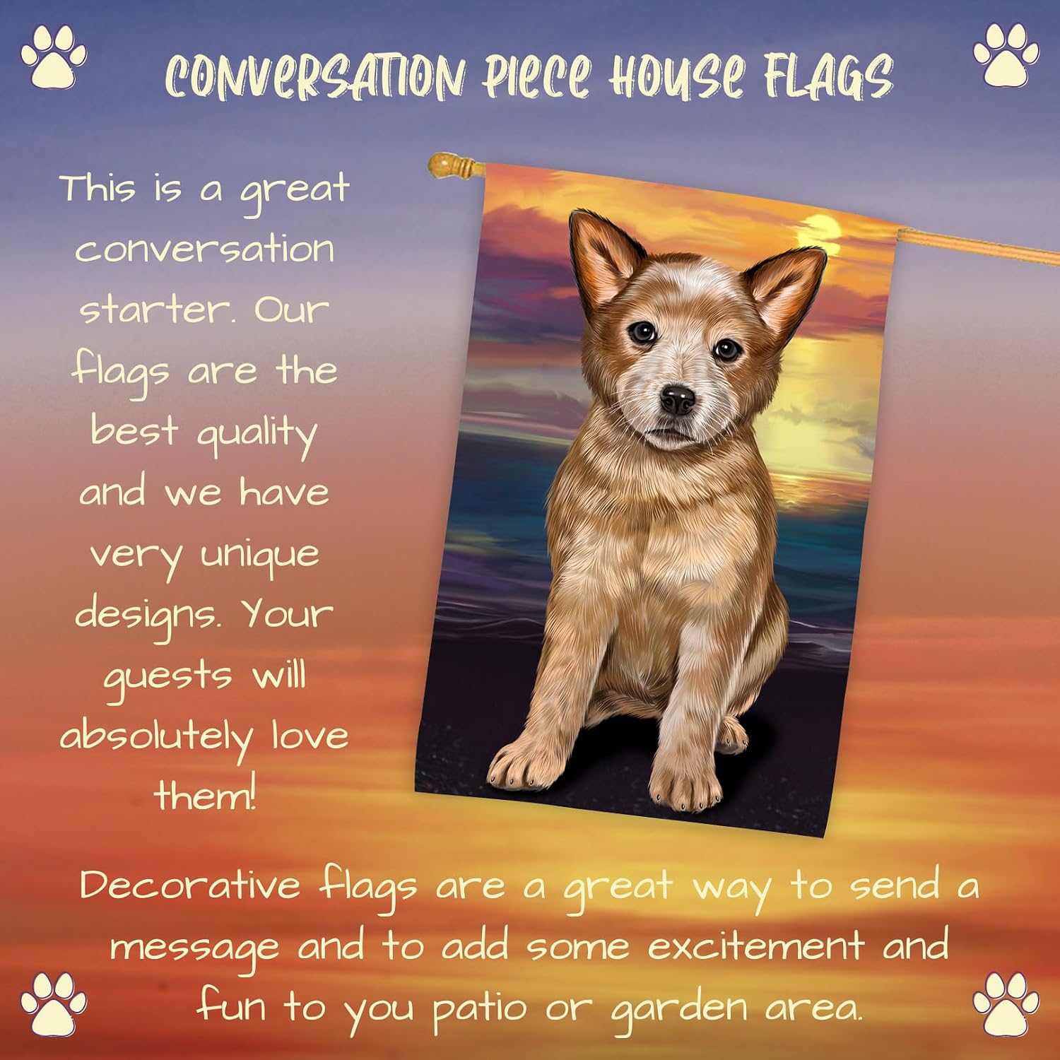 Doggie of The Day Australian Cattle Dog House Flag - Sunset - Outdoor Double Sided Pet Portrait Weather Resistant Premium Quality Home Decorative Flags 28"w x 40"h, HFLG53946