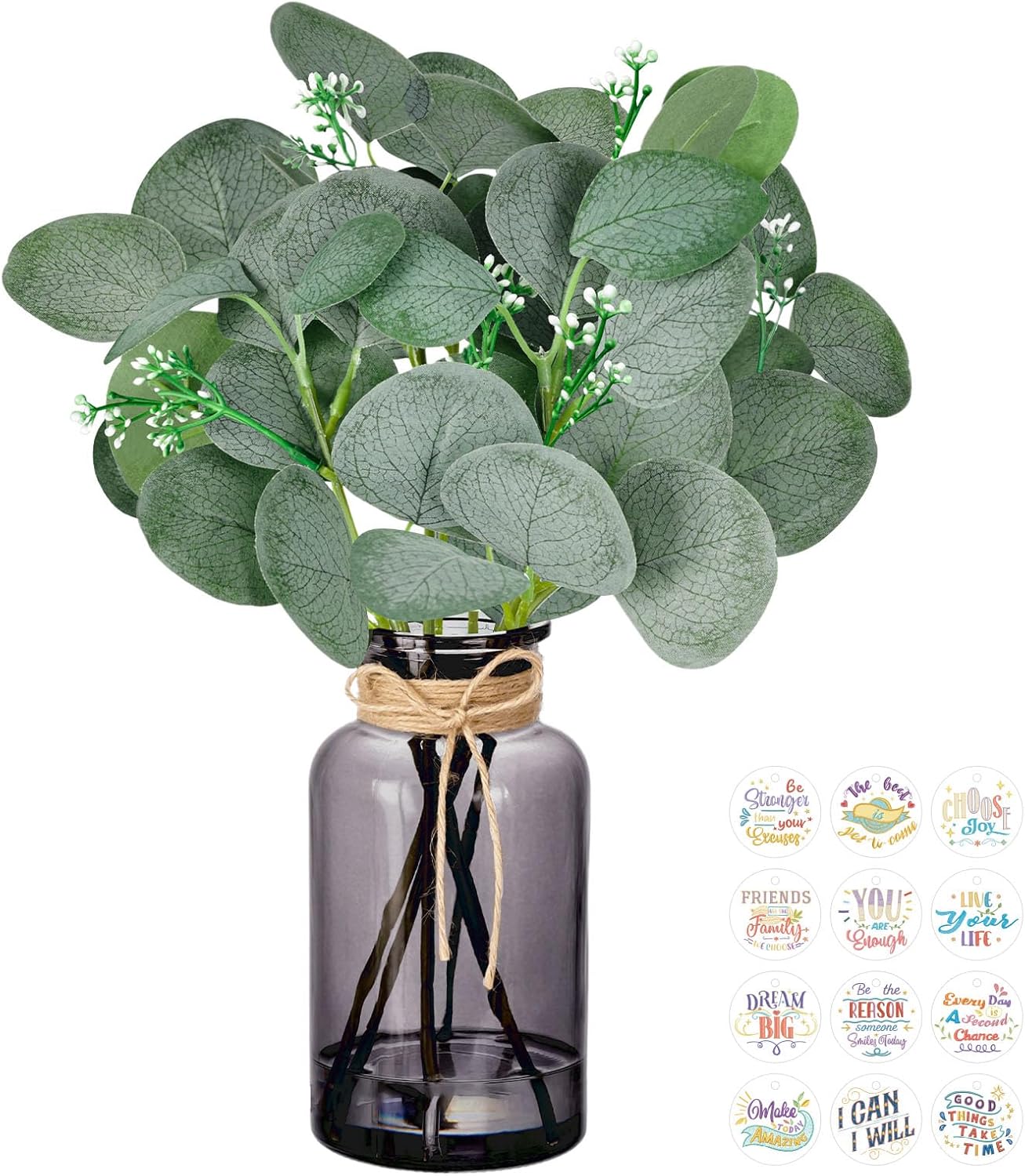DomeStar 7pcs Artificial Eucalyptus Stems in Black Vase, 12inch Dried Eucalyptus Plant with Tags Faux Water Dried Flowers Arrangement for Home Office Decoration Wedding Party