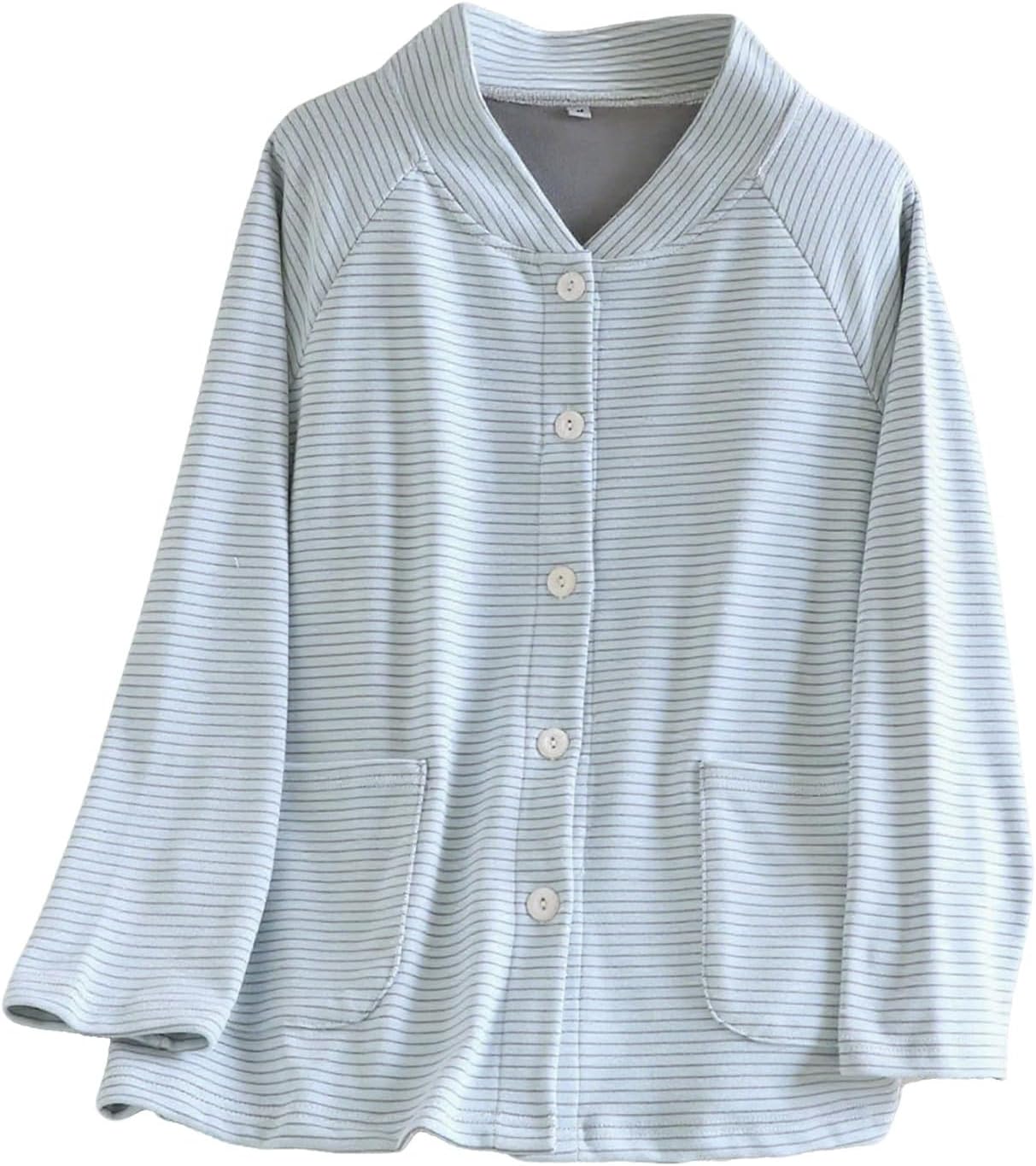 Women’s V-Neck Striped Fleece Pajama Top with Pockets – Cozy Sleepwear