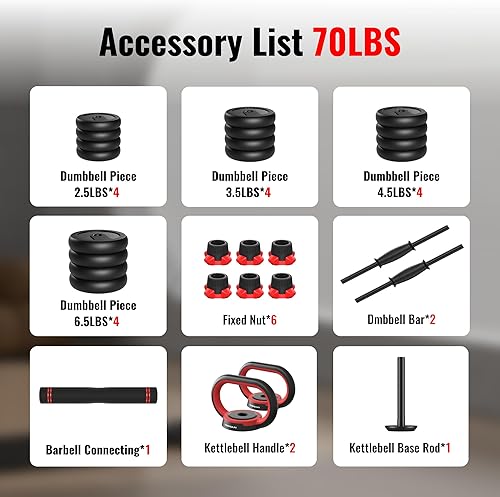 Miniatura 7 de FEIERDUN Mancuernas ajustables, juego de pesas libres de 203040507090 libras con conector, juego de mancuernas 4 en 1 que se utiliza como barra,