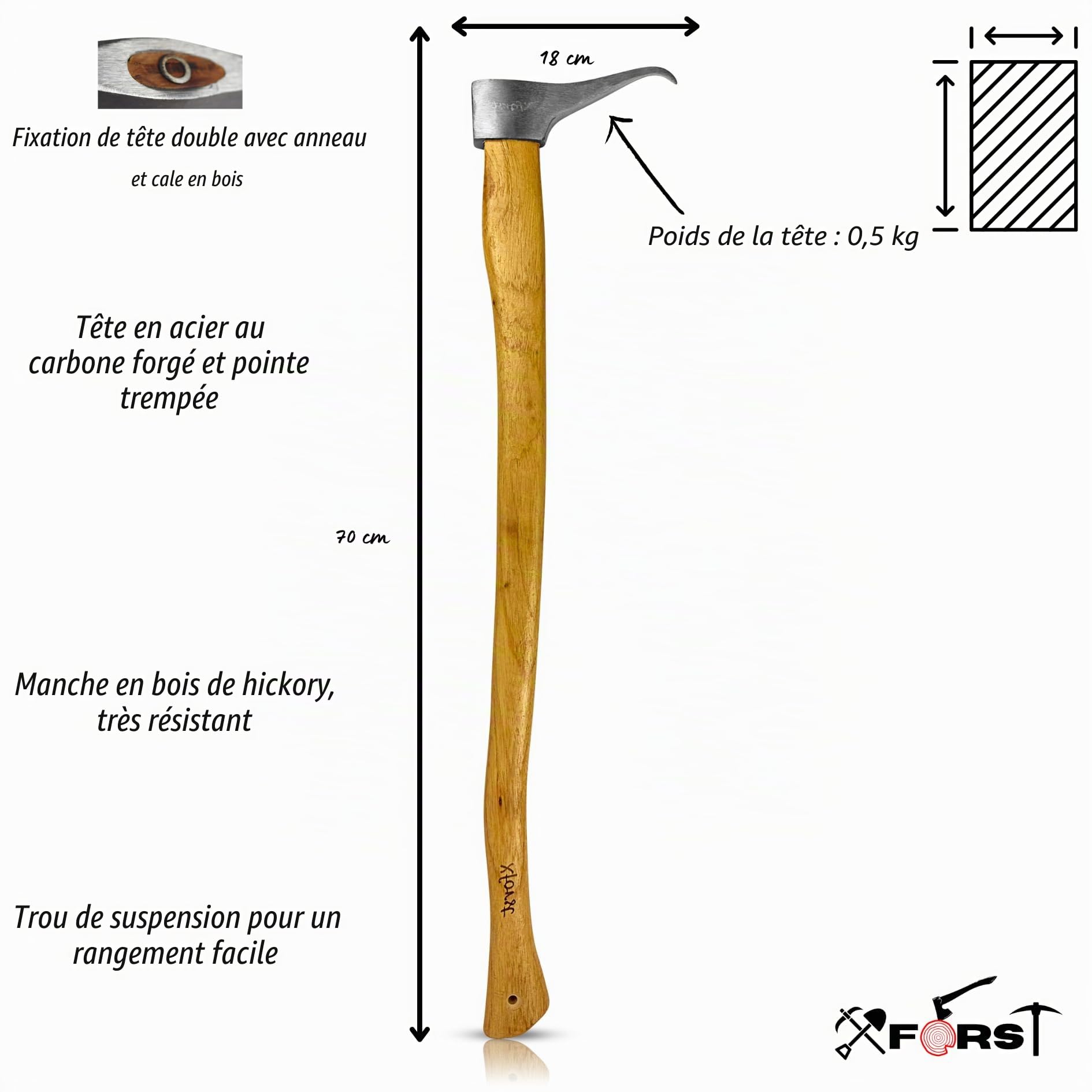 Xforst Sappie à Main – Set 2 pièces avec Support de Ceinture, Sapie Longue 70 cm + Sapie Courte 38 cm, Outil forestier forgé en Acier Carbone, Manche Hickory – X-P500L & X-P50BX