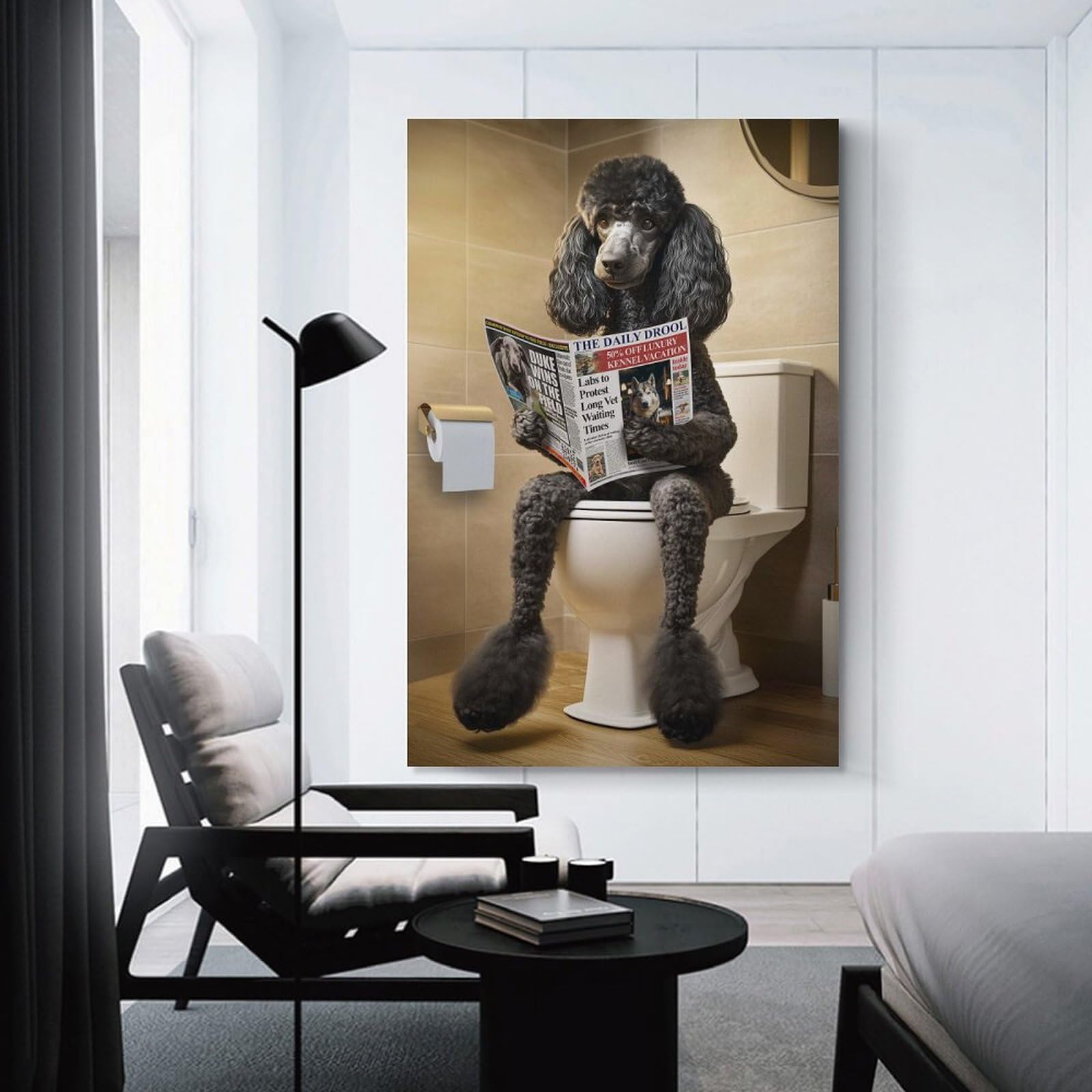 Junmoney Unframe-Style-24 Wall Picture Print Poodle On The Toilet, 24X36inch(60X90cm), For Entrance Walls, Hall Decor Or Foyers, Home Artwork For First Impressions