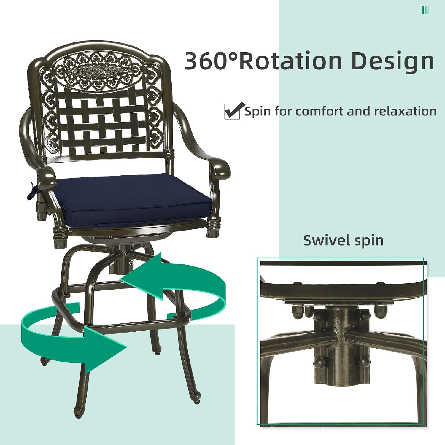 VIVIJASON 10-Piece High Patio Dining Set, All Weather Cast Aluminum Outdoor Bar Table and Chairs Set, Includes 8 Swivel Bar Stools & 64" Bar Height Dining Table with 35.5" Lazy Susan, Umbrella Hole