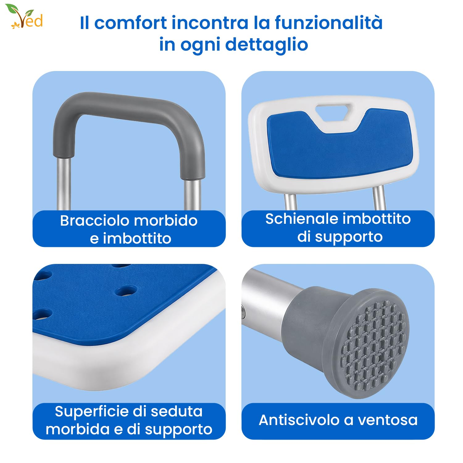 VED Sedia da Doccia Regolabile in 6 Altezze con Braccioli Imbottiti e Piedini Antiscivolo per Anziani, Disabili e Donne Incinte, Capacità 150 kg