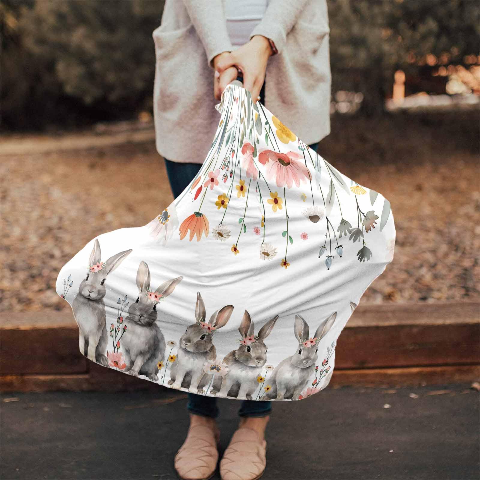 Nursing Cover for Breastfeeding Scarf, Cute Grey Bunny Spring Wildflowers Easter Baby Car Covers Super Soft Multi Use for Canopy Shopping Cart Cover Blanket Stroller Cover