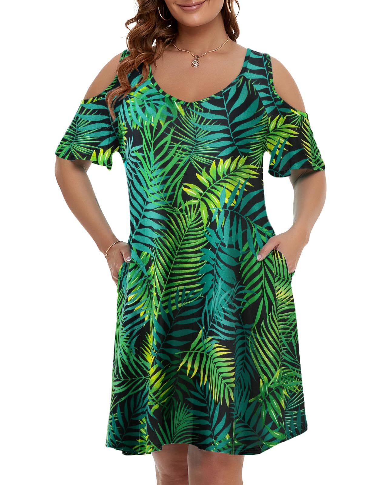 JollieLovin Womens Plus Size Short Sleeve Cold Shoulder V Neck T-Shirt Dress with Pockets