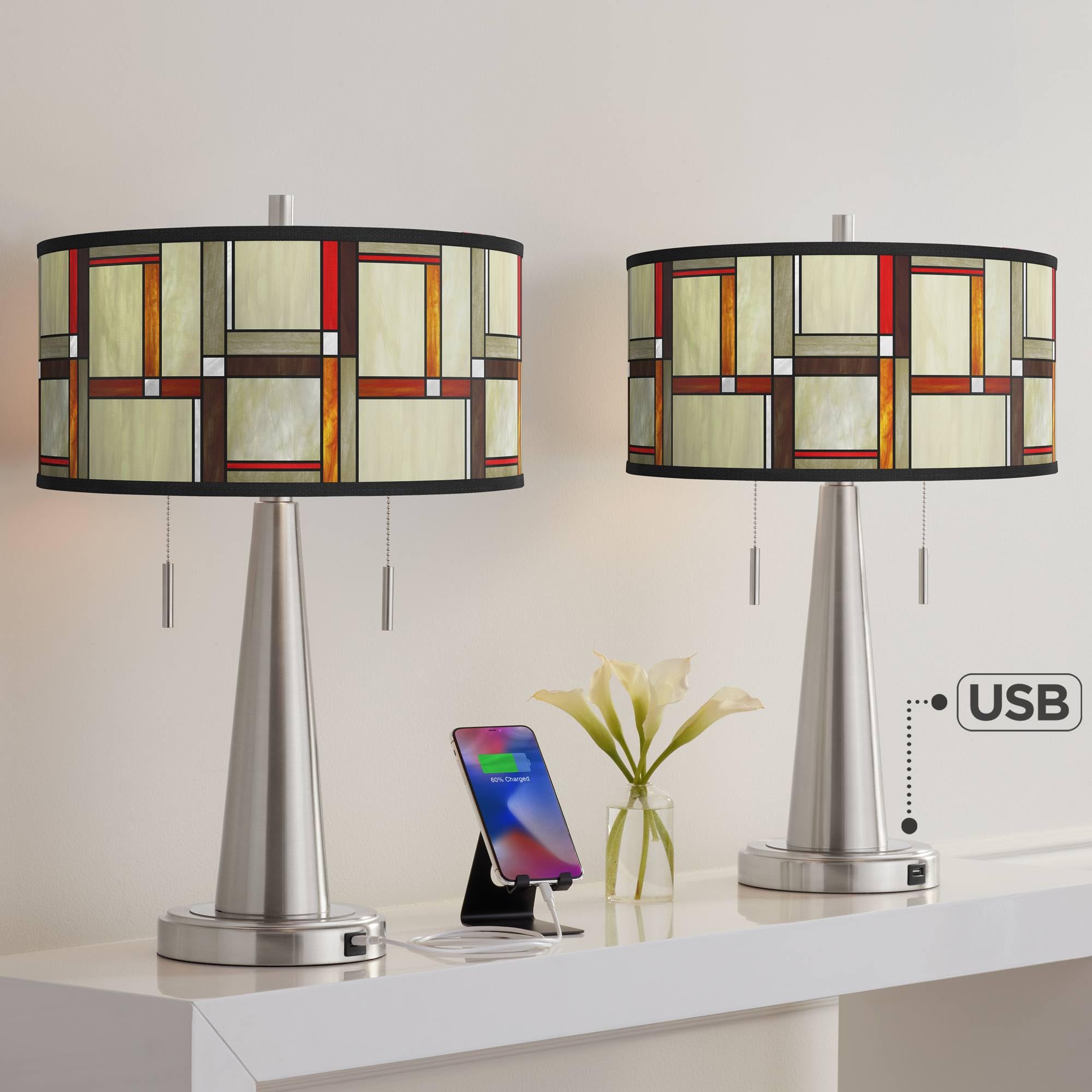 Modern Squares Vicki Brushed Nickel USB Table Lamps Set of 2 with Print Shade