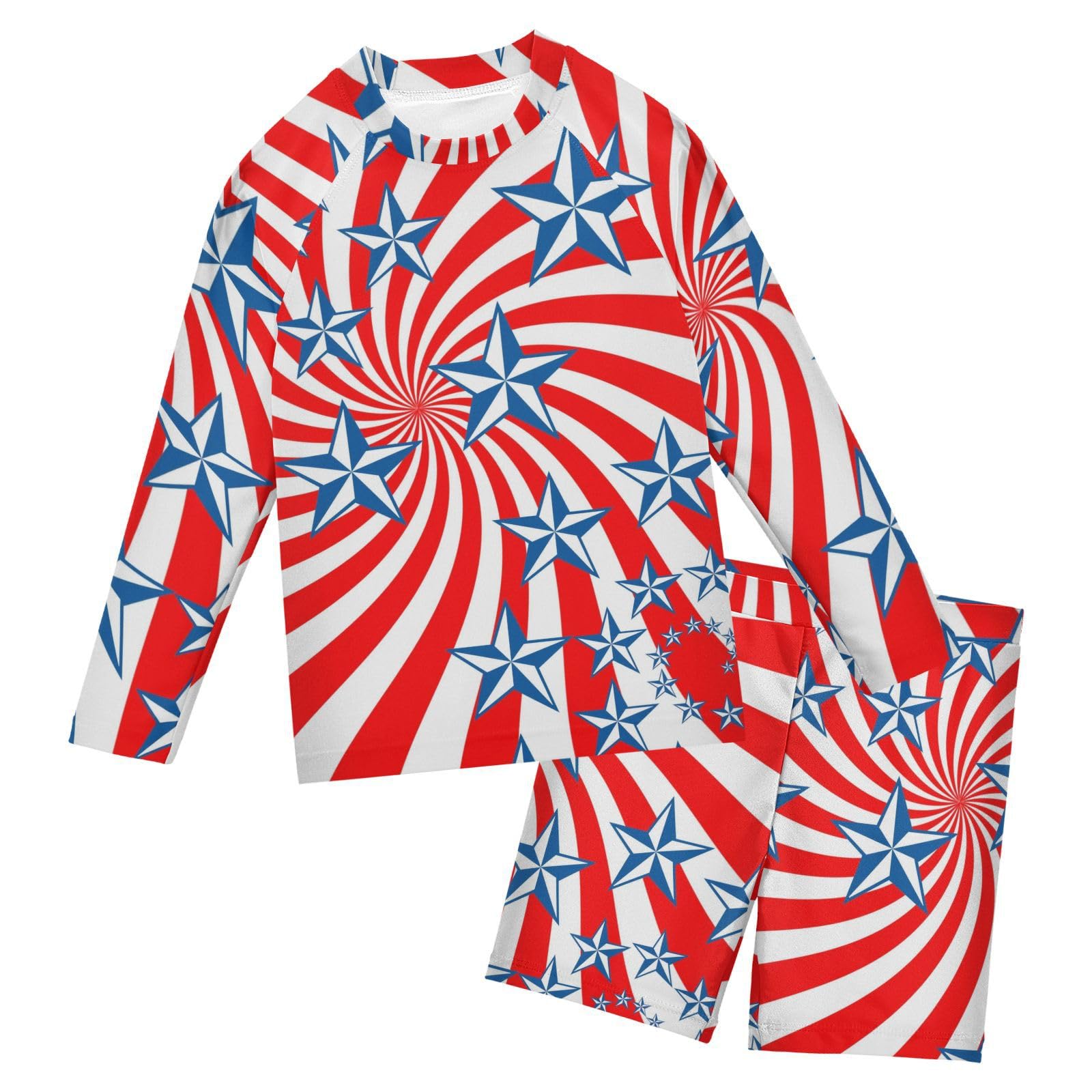Aflyko Patriot Boys' Rash Guard Set Stars Stripes Red White Navy Crewneck Swim Shirt with Jammer Stretchy Beach Shorts Comfortable Fit Big Kid Summer Daily Wear, 7-8T