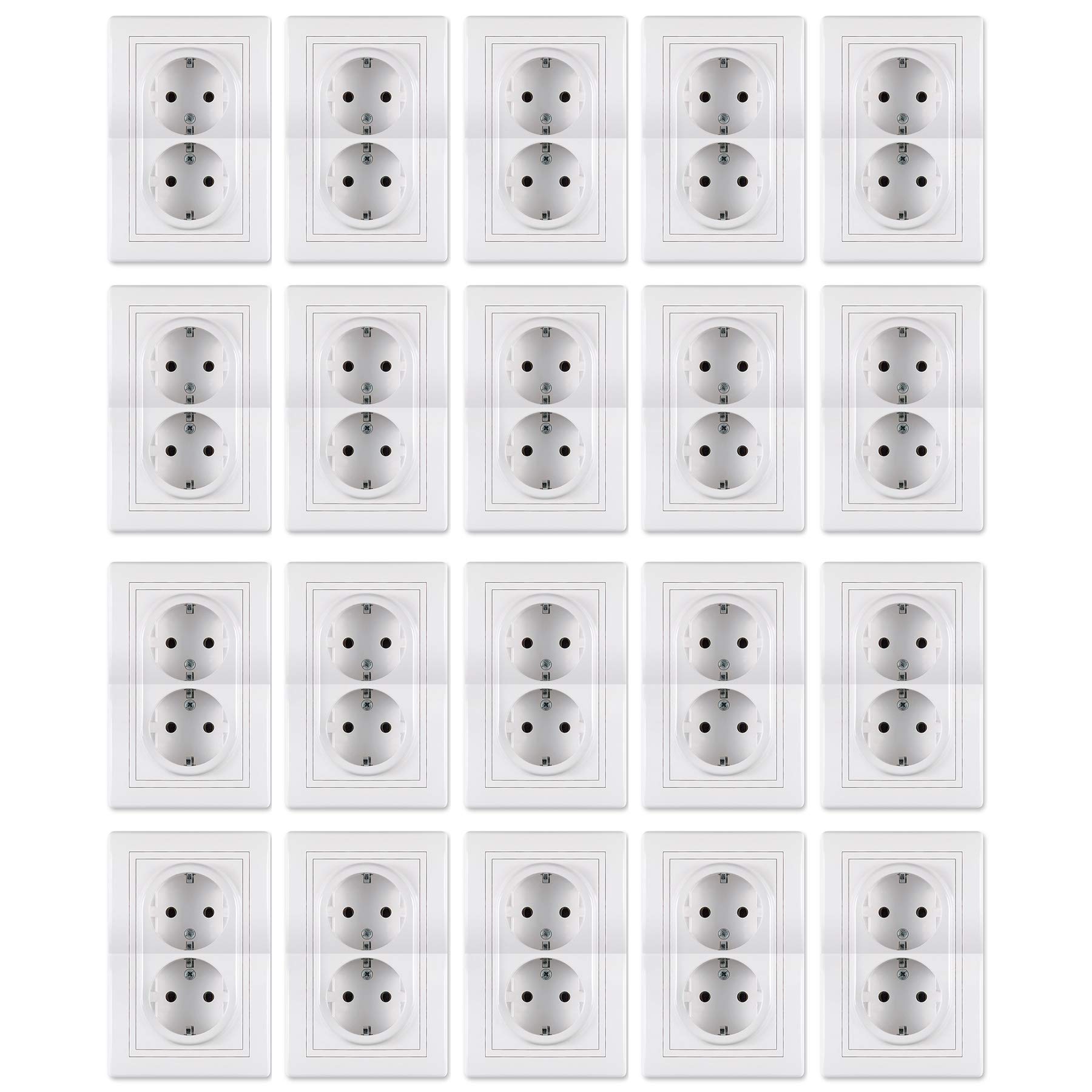 Doppel-Steckdosen 20er-Set - Vorteilspack | 20 x Doppel-Steckdosen inkl. Rahmen (komplett) Weiß (RAL 9003) für die Unterputz Montage | 20-teilig | 16A/250V~ inkl.Rahmen (komplett)