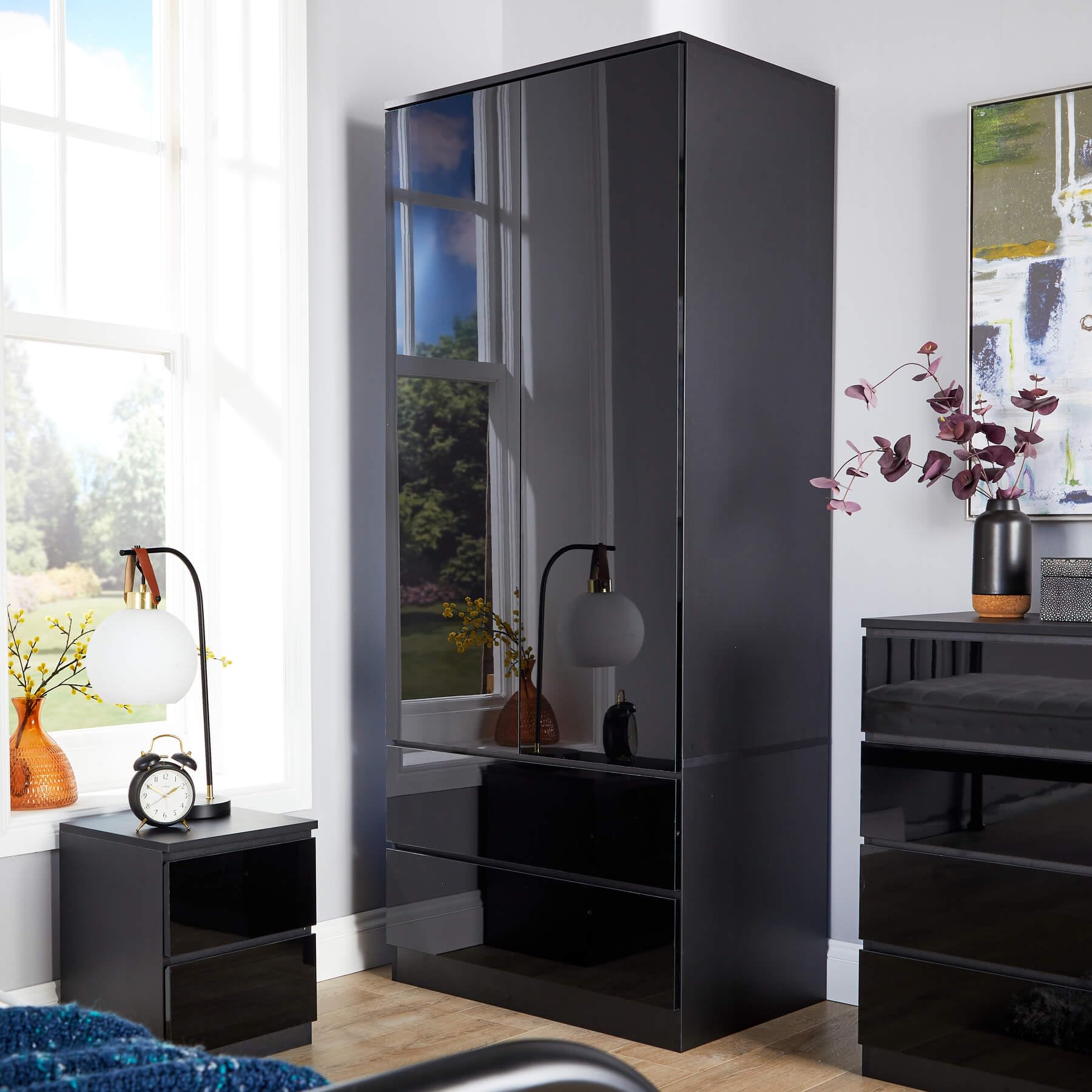 Home Source 2 Door Wardrobe, High Gloss Front Spacious Closet Organiser, Bedroom Dresser Storage Cabinet, 2 Drawer, Black