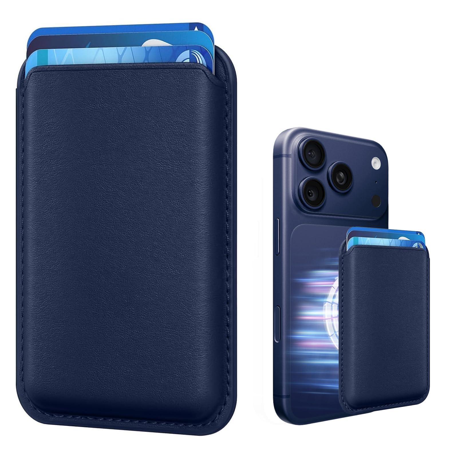 Magnetic Wallet Cell Phone Card Sleeves for Phone Case with Magnetic, Stronger Magnetics RFID Leather Phone Wallet Stick on Series of iPhone 17/16/15/14/13/12 Pro/Promax, Indigo Blue