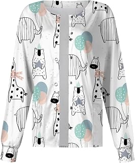 Long Sleeve Scrub Jacket Women Print Button Down O Neck Plus Size Printed Nurses Uniforms with Two Big Pocket S-5XL