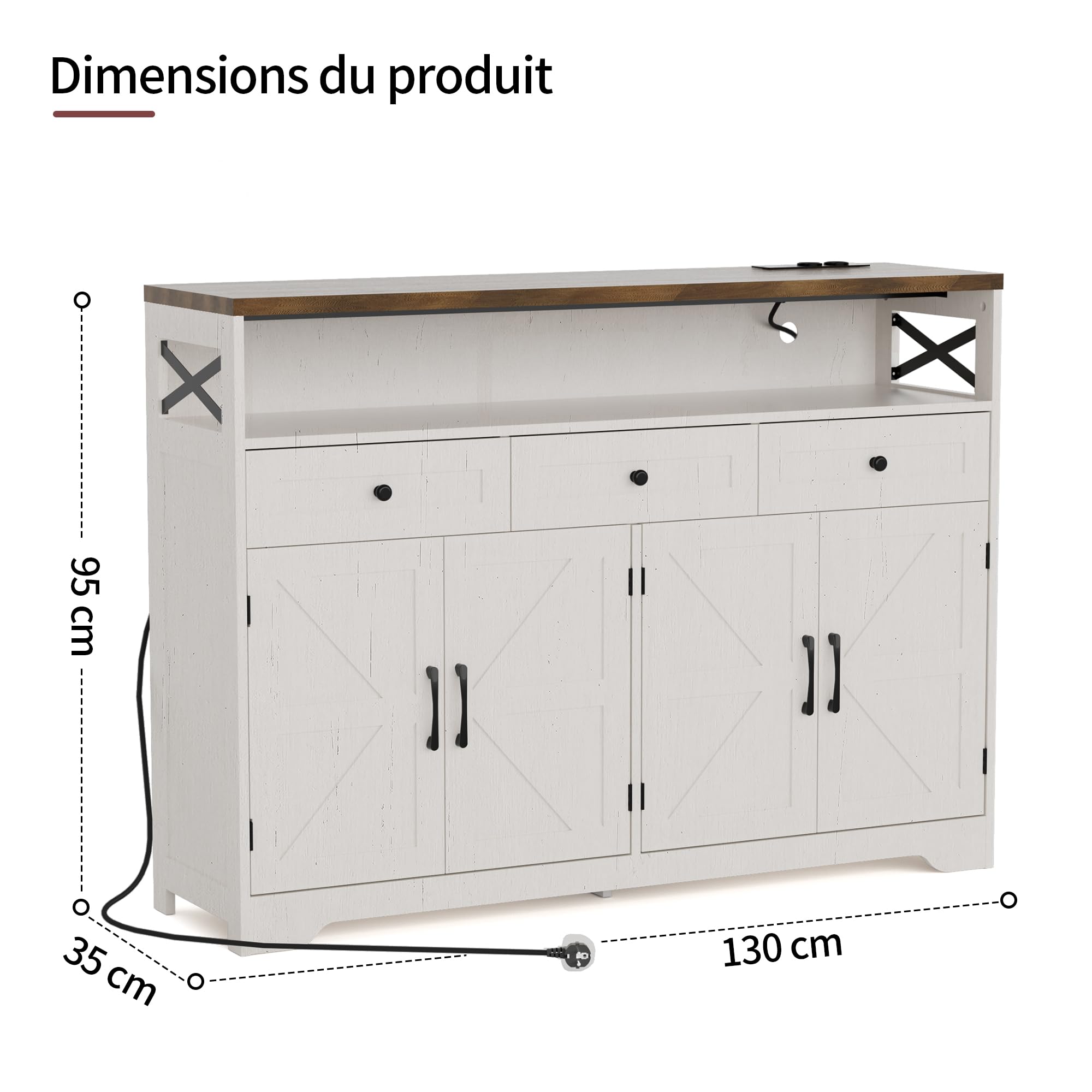 BonVache Meuble de Rangement, Buffet, avec Placard 4 Portes, 3 Tiroirs, Enfilade avec étagère Ouverte, pour Salle à Manger, Salon, Cuisine, entrée, 130 x 35 x 95 cm, Blanc