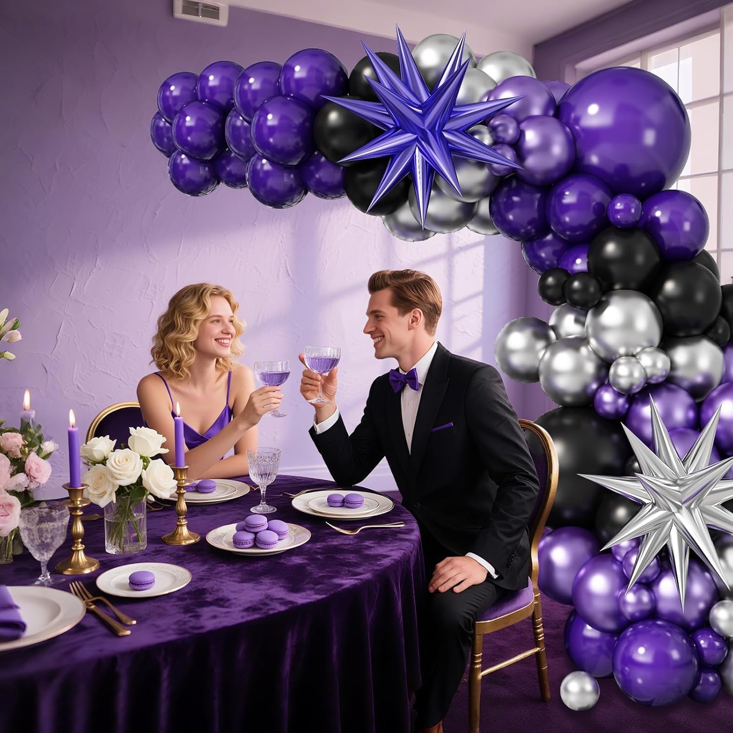 Purple Black Silver Balloon Arch Kit with Black Bow Decor 2 Pack