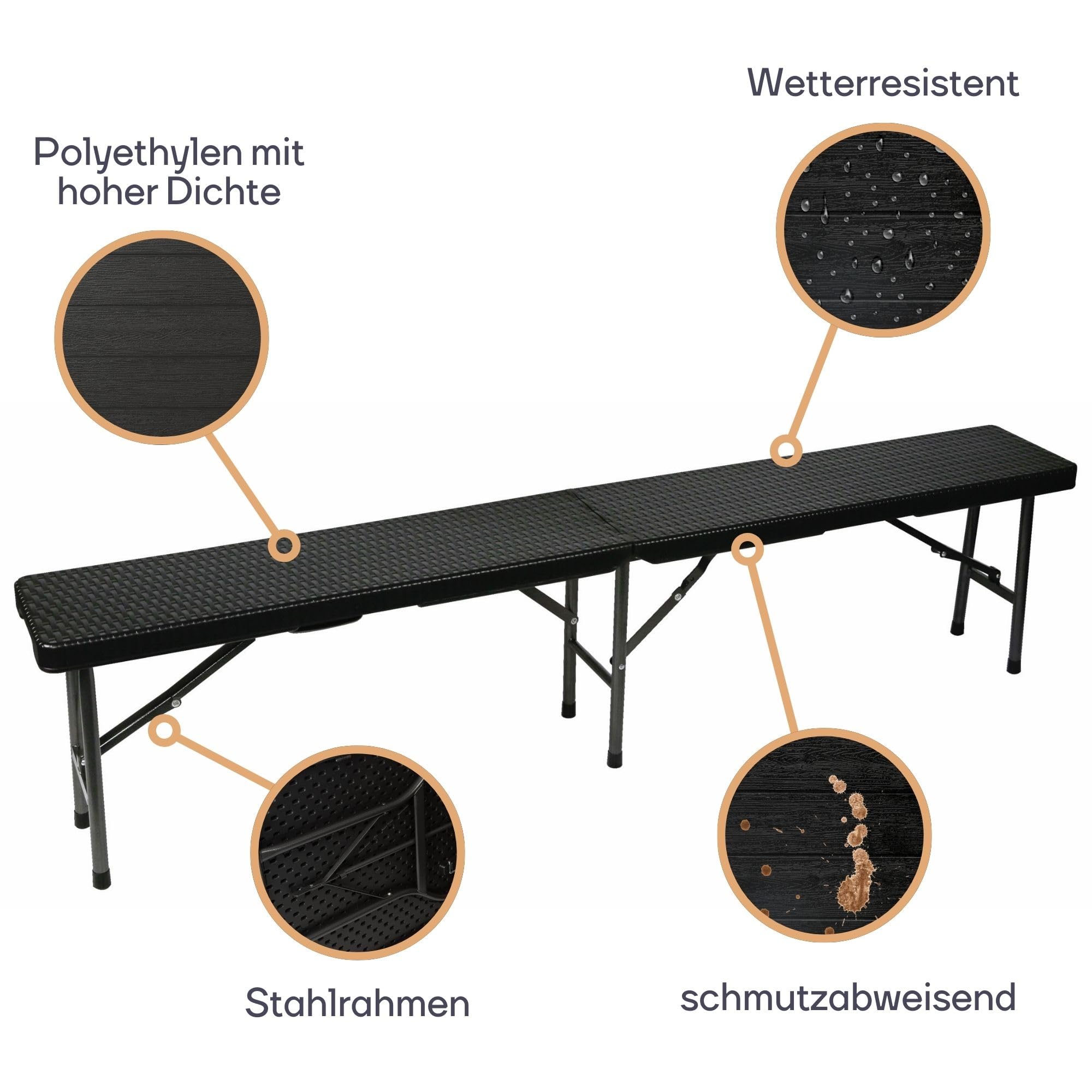Perel Klappbank, klappbar, wetterfest, Tragegriff, Rattan-Optik, maximal 400 kg, Schwarz |