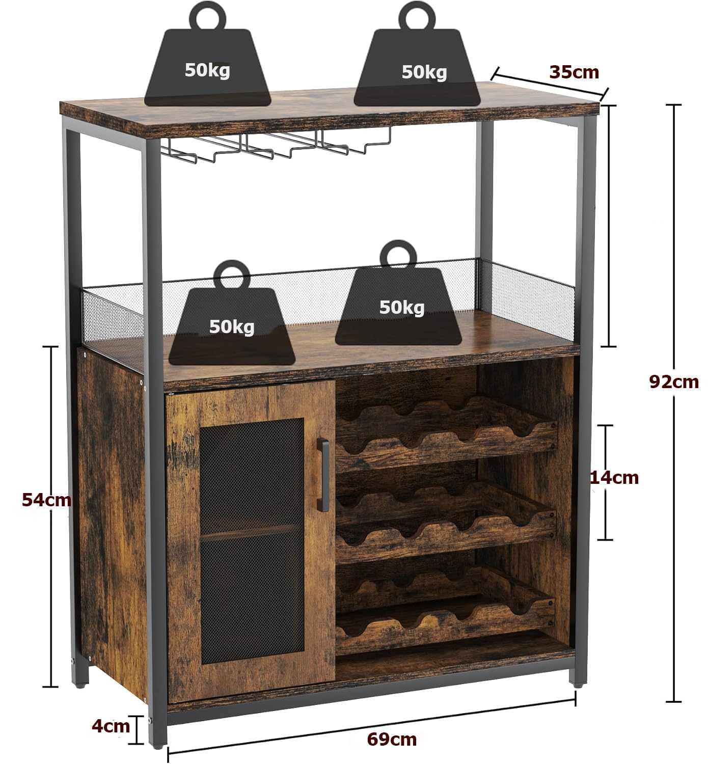 Zstar Armario para Vinos, Mueble Bar Industrial De 76 x 35 x 92 cm, Botellero Ajustable con Portavasos, Mueble Bar para Cocina, Comedor, Sala De Estar y Cafetería.