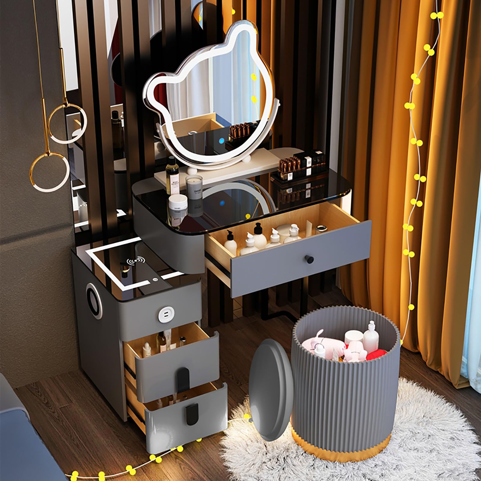 asdchZen Vanity Table With Mirror & Lights Makeup Desk With Cushioned Stool Dressing Table With Drawers & Retractable Side Cabinet For Girls & Women Grey 71X41X77Cm,Grey-70x40x76cm