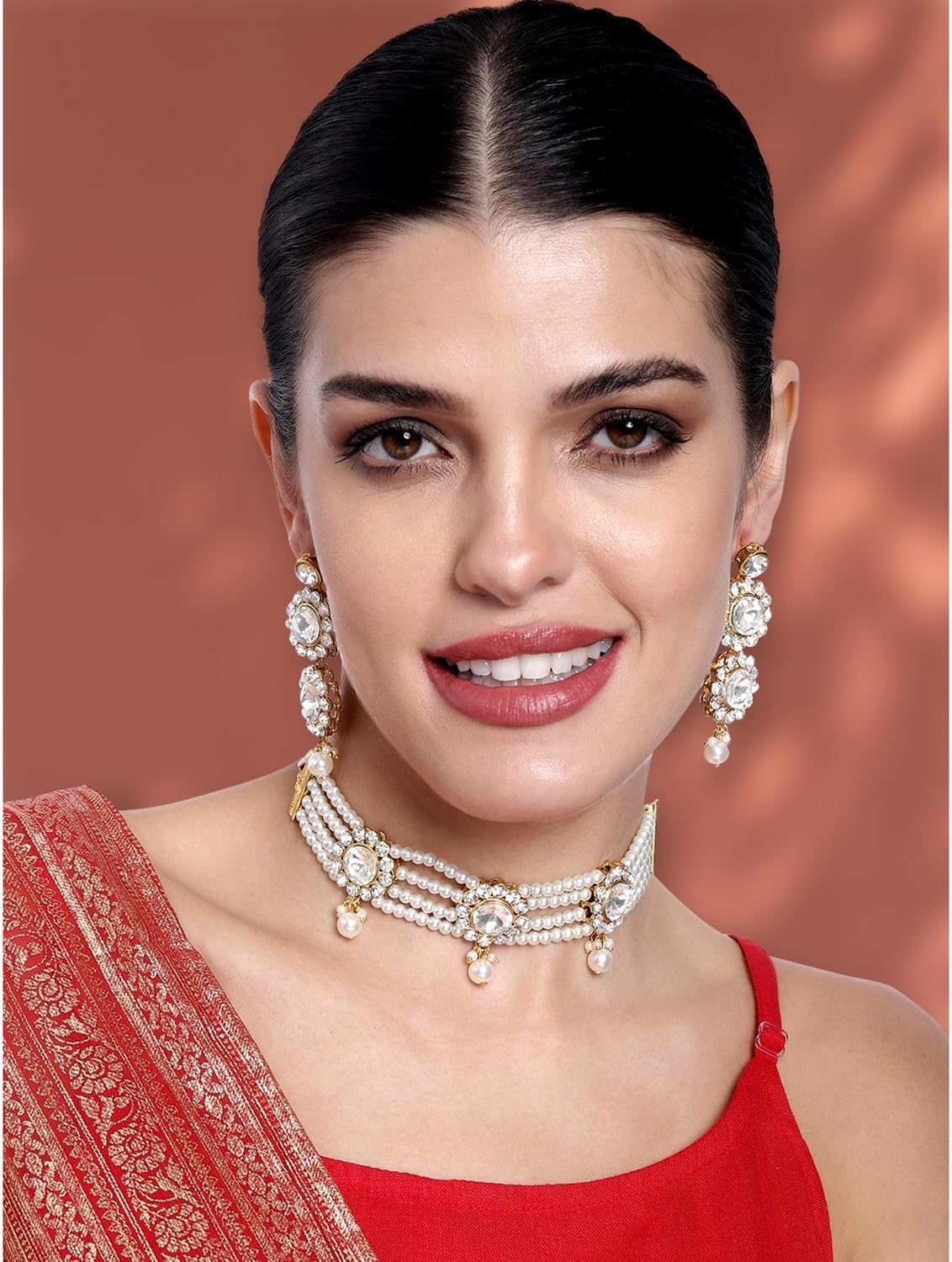 Aheli Traditional Gold Plated Stone Studded Choker Necklace with Earring Jewelry Set Gift for Women