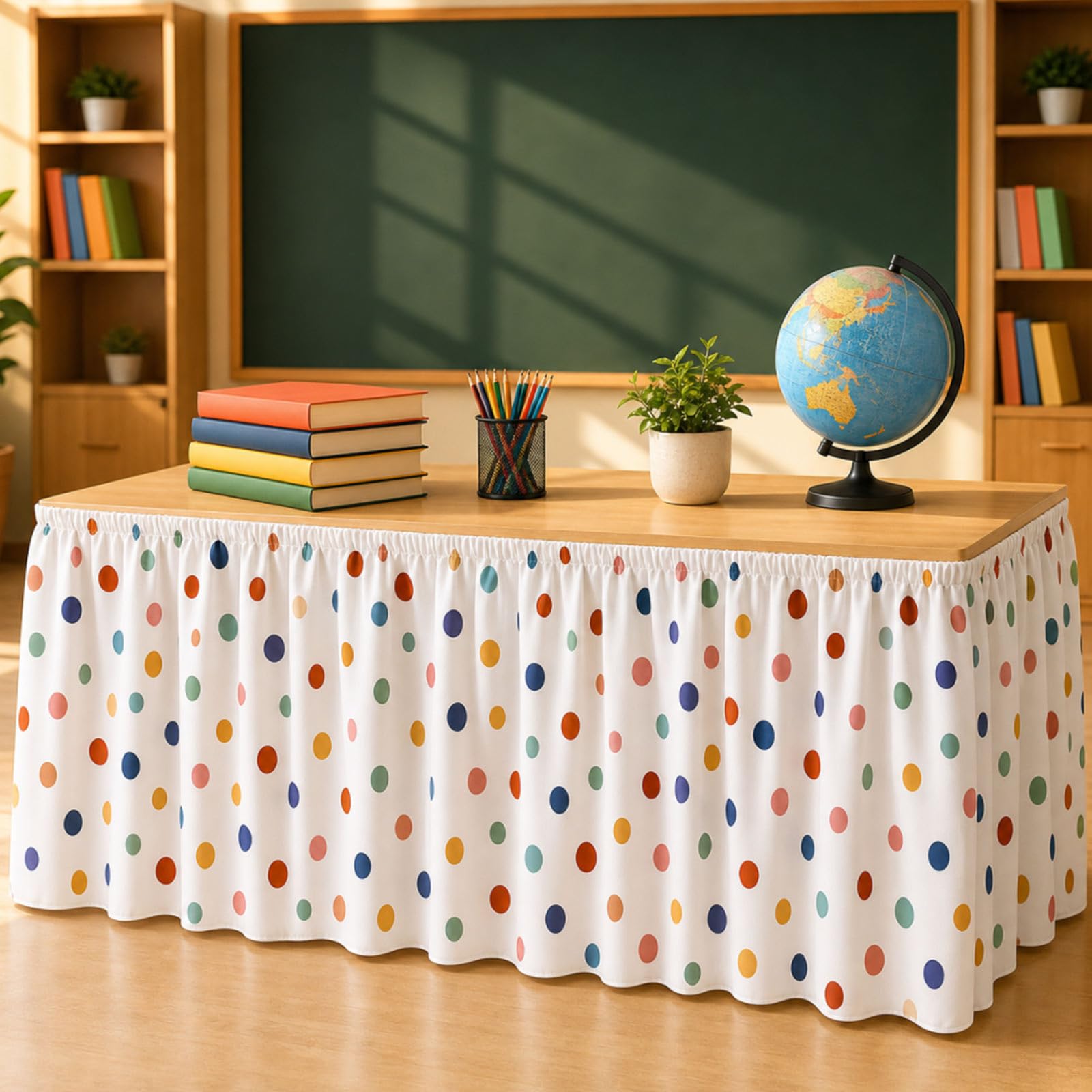 Whaline 29.5 in x 13.7 ft Boho Dots Ruffled Table Skirt for Teacher Desk Colorful Polka Dot Table Cover Skirt for Kidney Shaped Desk Classroom Back to School Supplies