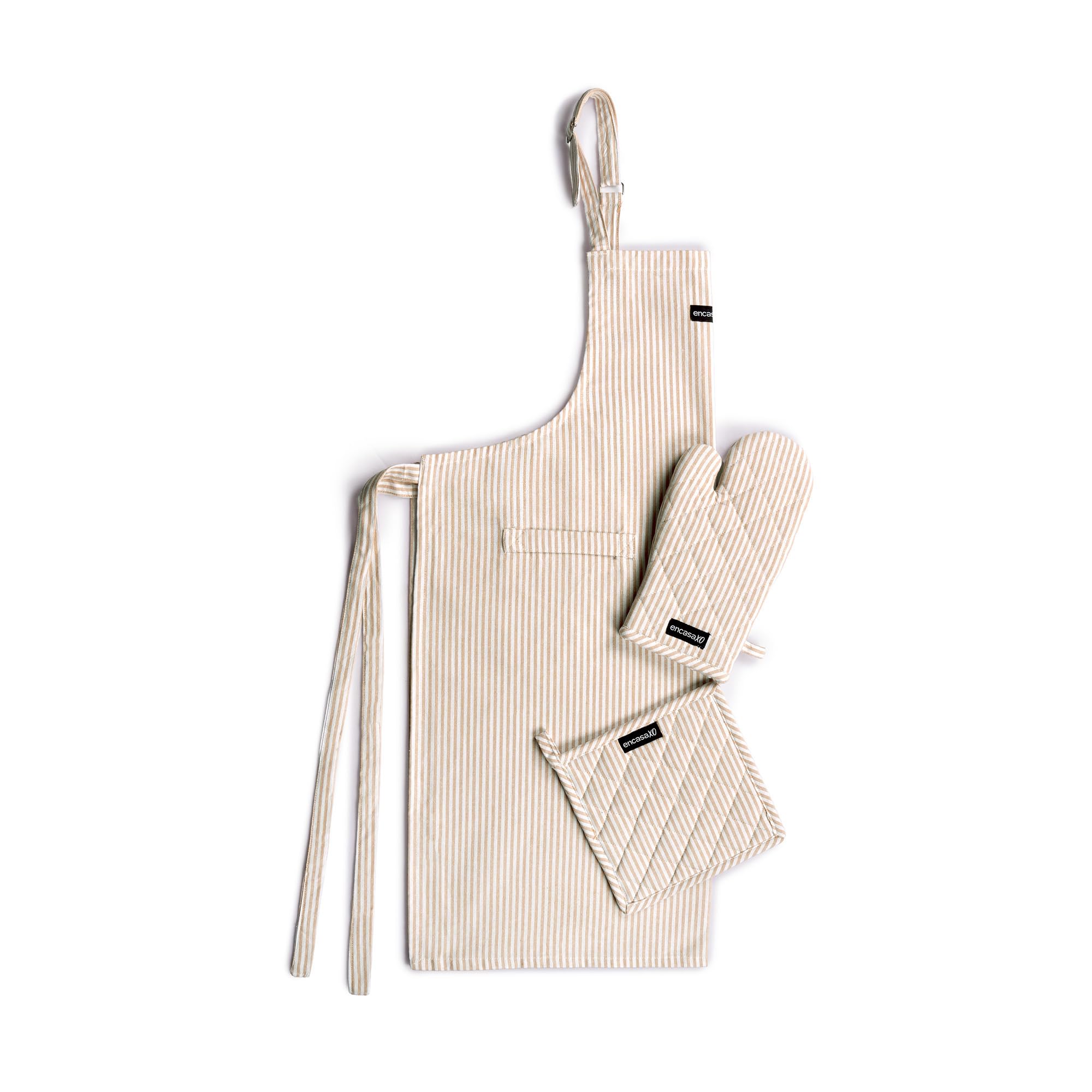 Encasa XO Kitchen Apron Set, Cotton Oven Gloves & Pot Holder Ticking Beige | Heat Resistant | Adjustable Neck Strap | Front Utility Pocket | Towel Loop | Machine Washable | 3 Piece Set-image-47