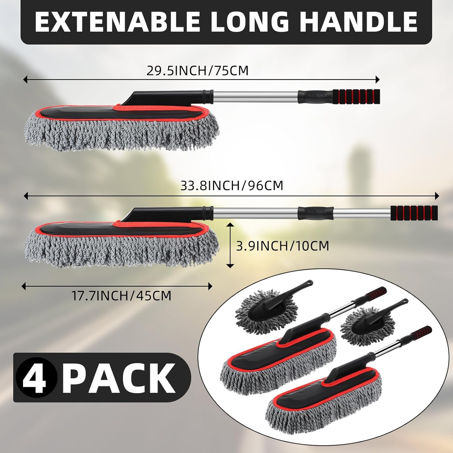 Tanlade 4 Pack Microfiber Car Duster Exterior Scratch Free with Extendable Handle Auto Duster Exterior Cleaning Dust Tools for Car Brush for Cars Truck Bike RV Boats Motorcycle (Gray with Red Edge) - Image 2