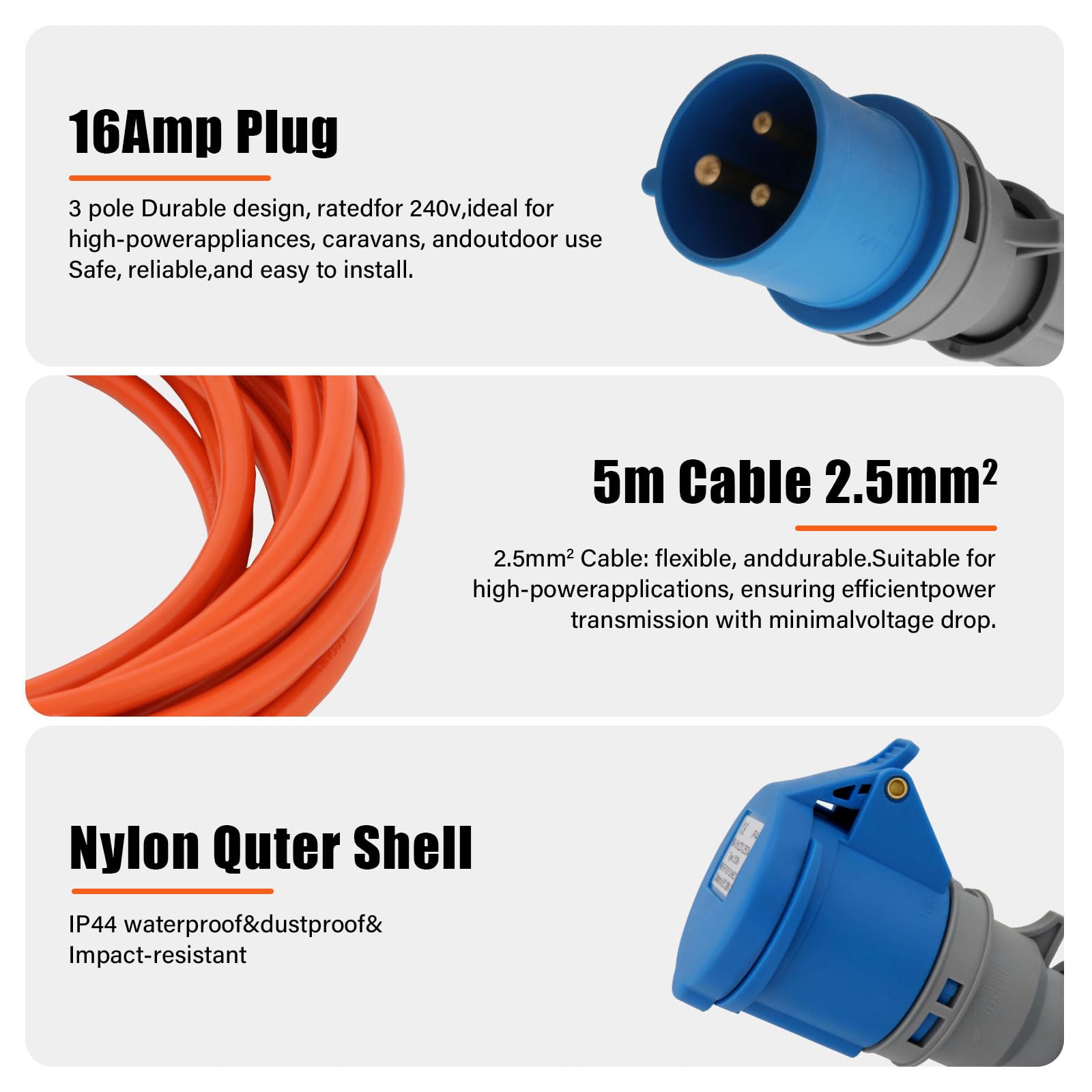 5m Cable Adaptador para Camping, Cable de extensión Industrial CEE 240V 3G2,5mm² en Color Naranja de señalización | IP44 Apto para Exteriores, Conector CEE 16A con para Camping & caravanas