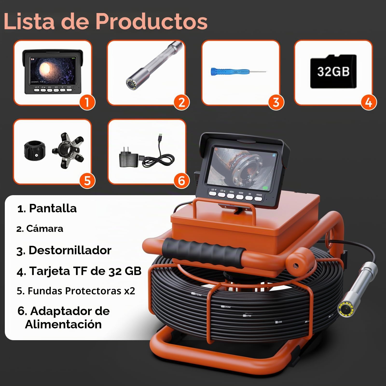 Cámara de Inspección de 20/30m con DVR, Cámara para Inspección de Tuberías de Alcantarillado con Grabador de Audio, Batería de 5600 mAh, 12 Luces LED Ajustables, Tarjeta de 32GB Incluida (20M)