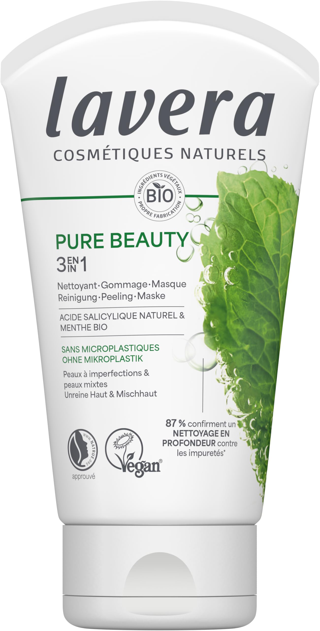 lavera Pure Beauty 3en1 Nettoyant Gommage Masque - Élimine en douceur les cellules mortes - Réduit les points noirs chez 93% des participant(e) s - vegan - 125 ml