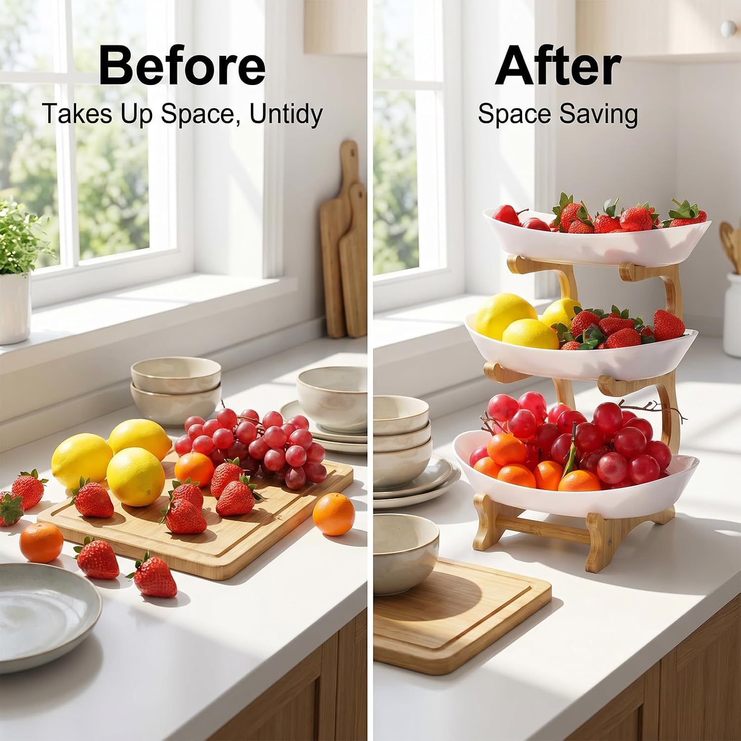 3 Tier Fruit Bowl for Counter, Plastic Serving Bowl With Bamboo Stand