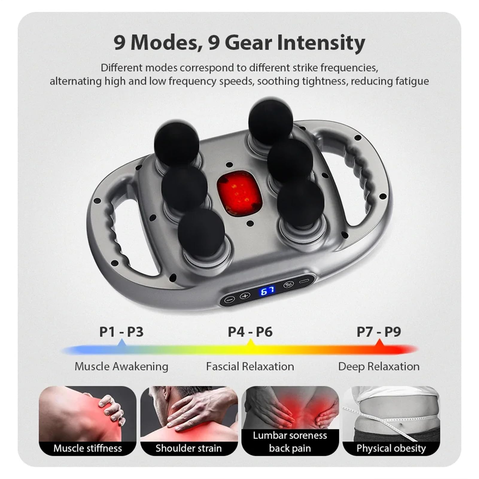 Handmassagegerät, Handmassagegerät Mit Handgriff, Massagegerät Mit 6 | Köpfen | Kompaktes, Sportmassagegerät Für Sportler, LED-Anzeige, Professionelle 9 Knoten
