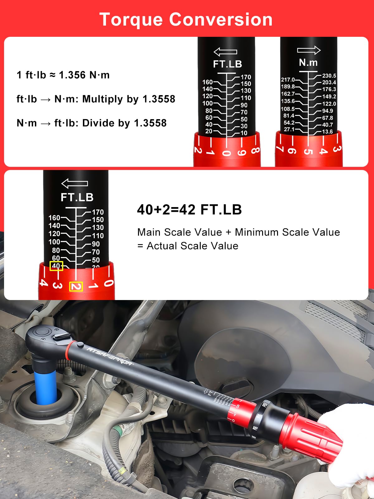 ATsafepro Chiave dinamometrica a scatto da 1/2", 13,60-230,5 Nm, ±3% ad alta precisione, regolabile a 72 denti a doppia direzione, chiave dinamometrica a scatto a 72 denti 1/2 azionamento per moto