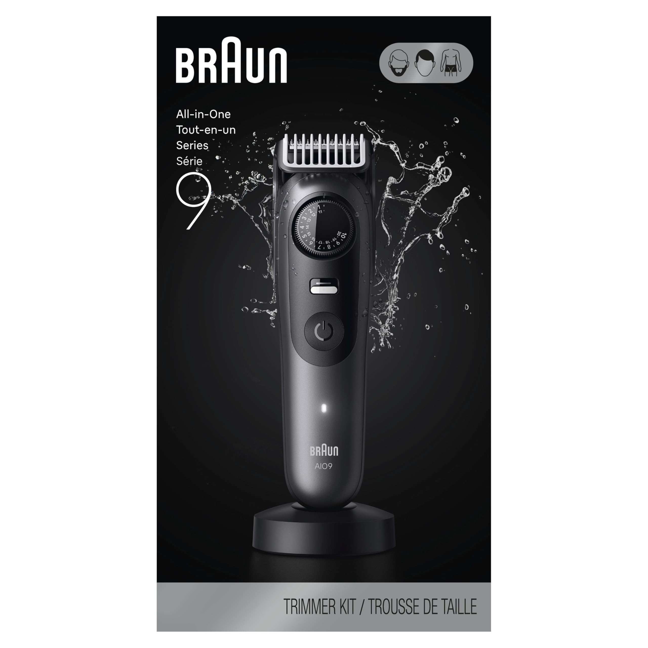 Braun Kit de rasage tout-en-un pour homme série 9 AIO 9535, barbe, visage, nez, oreille, tondeuse à cheveux, tondeuse corporelle et manscaping