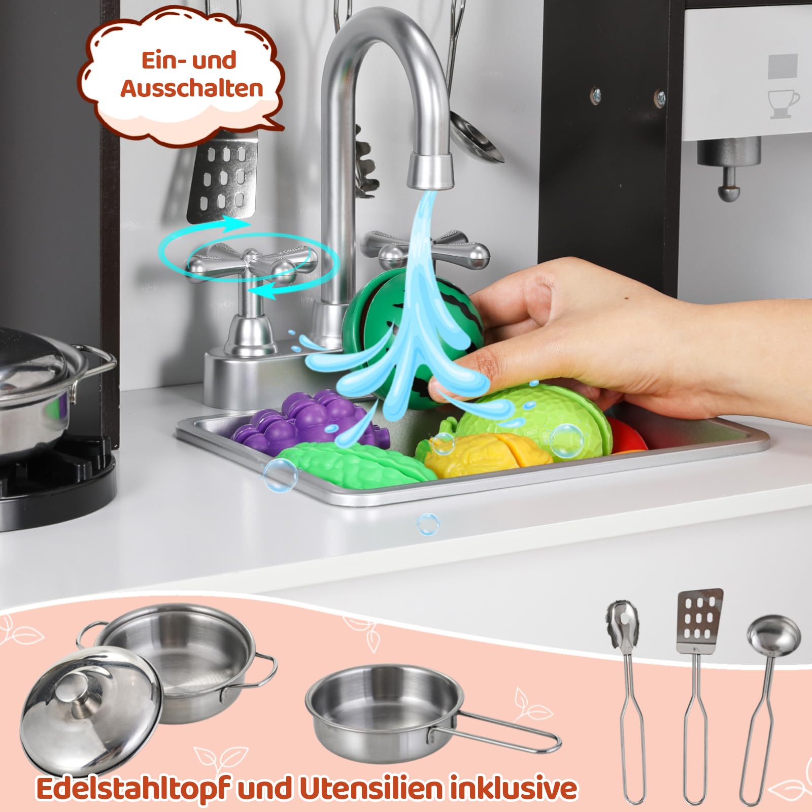 MAMIZO Kinderküche Holz, Spielküche mit Licht und Sound, Puppenküche Holz für Kinder, 90x30x90 cm kinderküchen, mit Küchenzubehör und 2PCS Aufbewahrungsboxen, Spielzeug für Kinder ab 3 Jahren, Braun