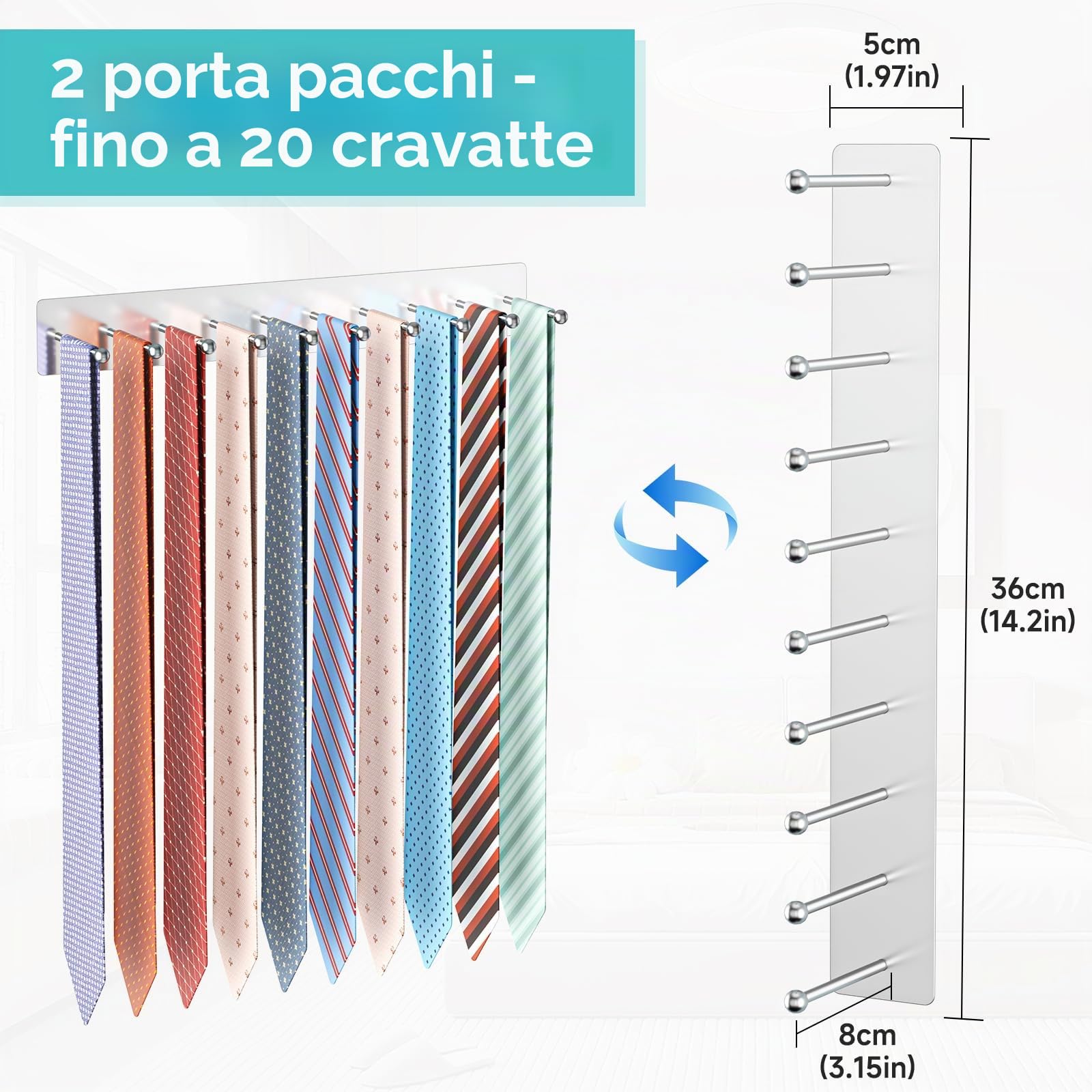 Porta Cravatte, Portacravatte per Armadio in Acciaio Inox, Portacravatte Adesivo per Uomo con 20 Ganci, Portacravatte da Parete per Camera da Letto, Soggiorno, Cassettiera, Argento