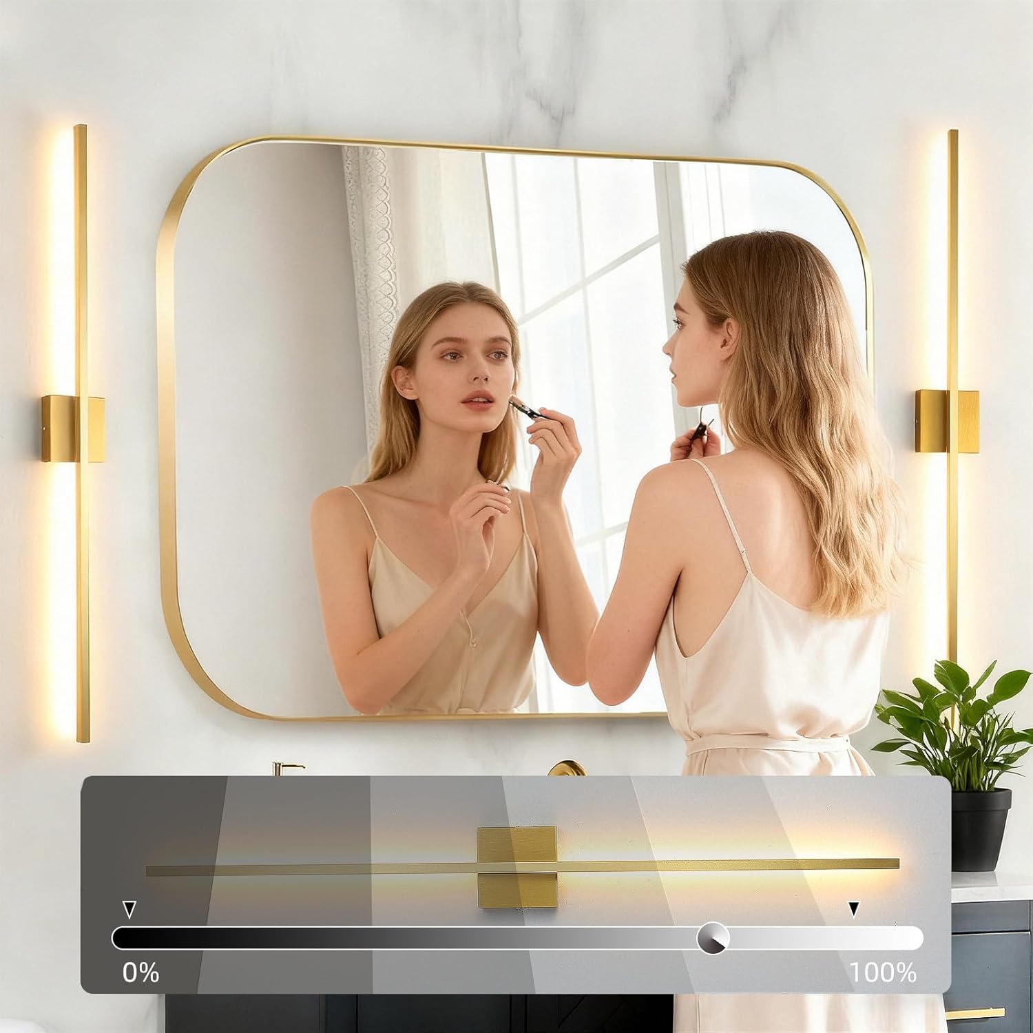 wall sconces set of two, led dimmable sconces wall lighting, brushed gold modern wall sconce light for bathroom, living room, bedroom, hardwied 3000k 40'' gold 40inch