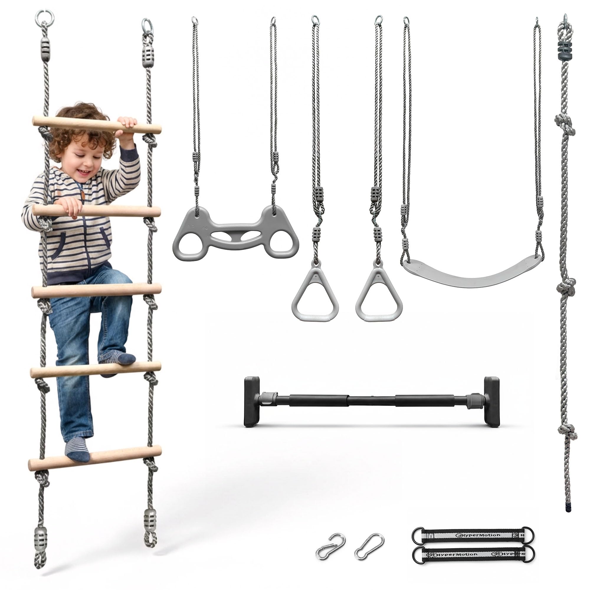 HyperMotion Klettergerüst 6in1 Kinder Indoor Outdoor – Türreck mit Strickleiter, Kletterseil, Schaukel, Turnringen & Trapez aus Buchenholz, höhenverstellbar, ab 3 Jahren, bis 100 kg