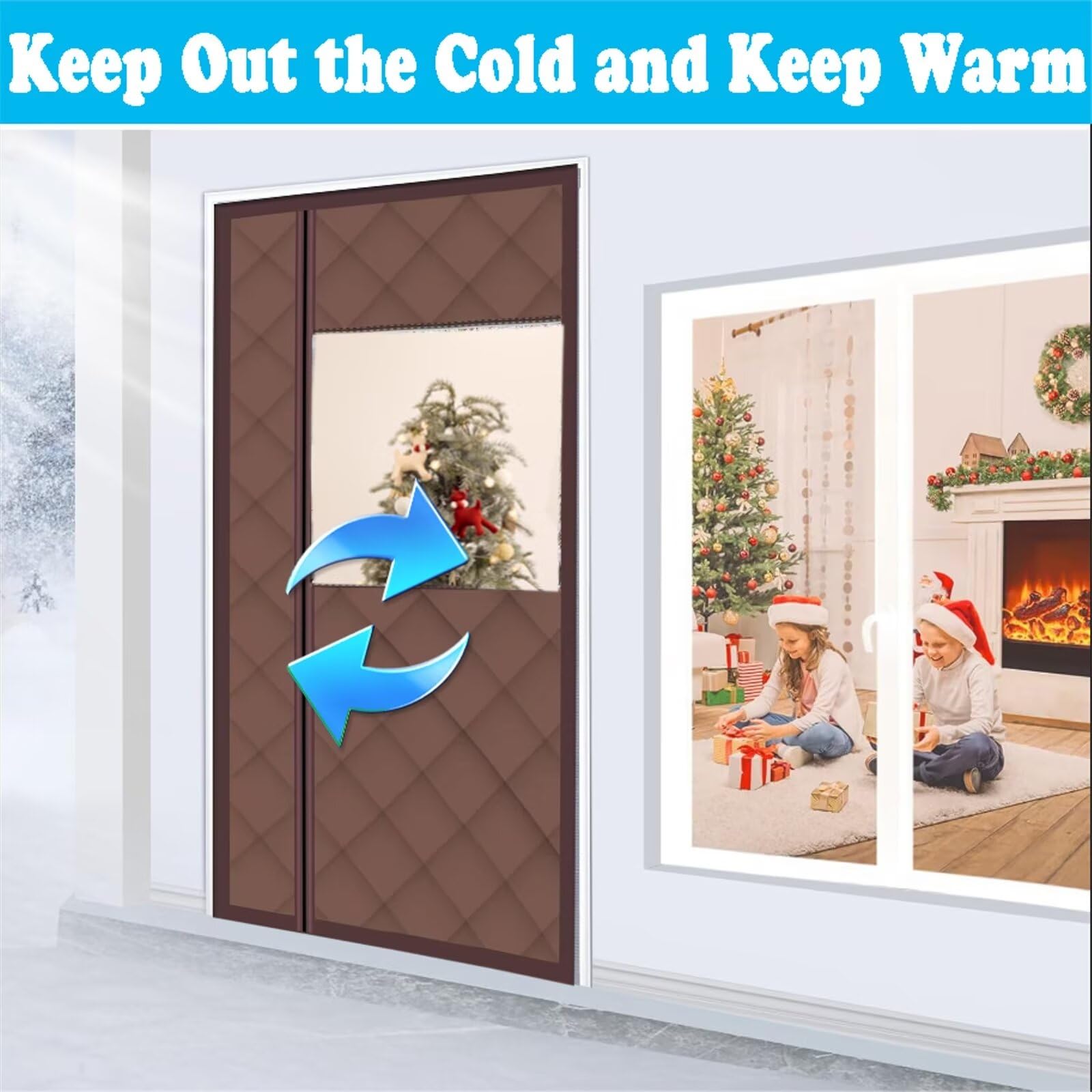 Tenda della Porta Inverno con finestra di visualizzazione,Marrone 180x240cm Apertura laterale,Impermeabile Termica e Isolante Tende Divisorie Chiusura Automatica,per Porte d'Ingresso,Cortili Porte