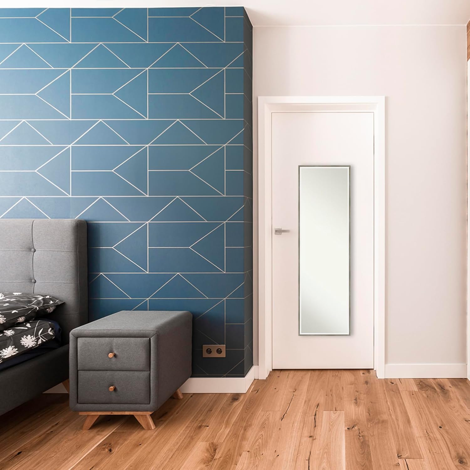 Amanti Art Silver Full Length Mirror for Door, 49x15 Lucie Silver White Tall Wall Mirror Full Length, Mounted to Door or Closet Wall with no visible brackets, Modern Wood Frame, Bedroom Decor
