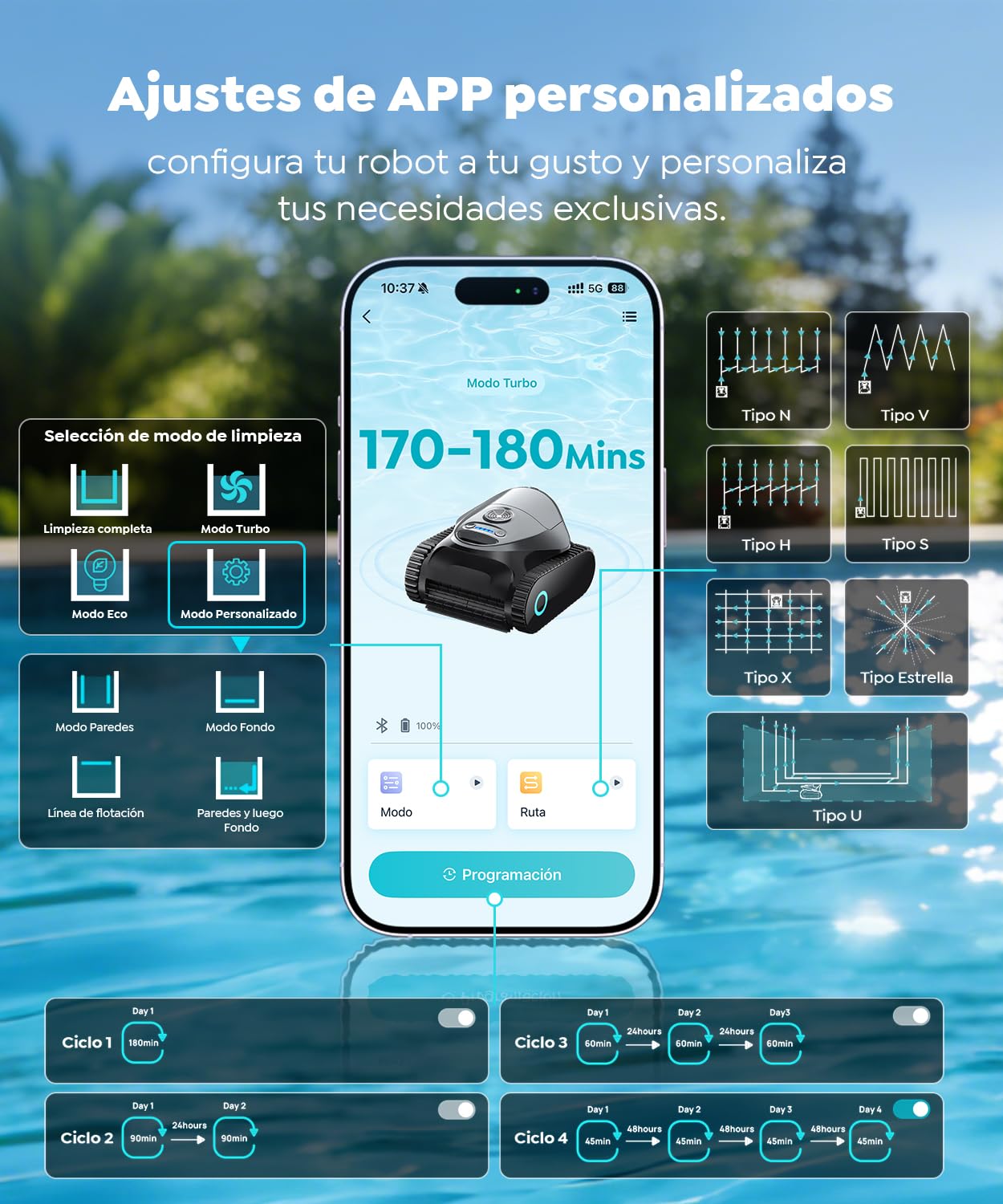 C1 Robot Piscina Limpiafondos y Paredes, Doble Filtro, Aspirador Piscina Bateria, 7 Modos de Limpieza, 180 min de Autonomía, Limpiador con App, Limpiafondos Piscina de hasta 150 m², Gris Mica