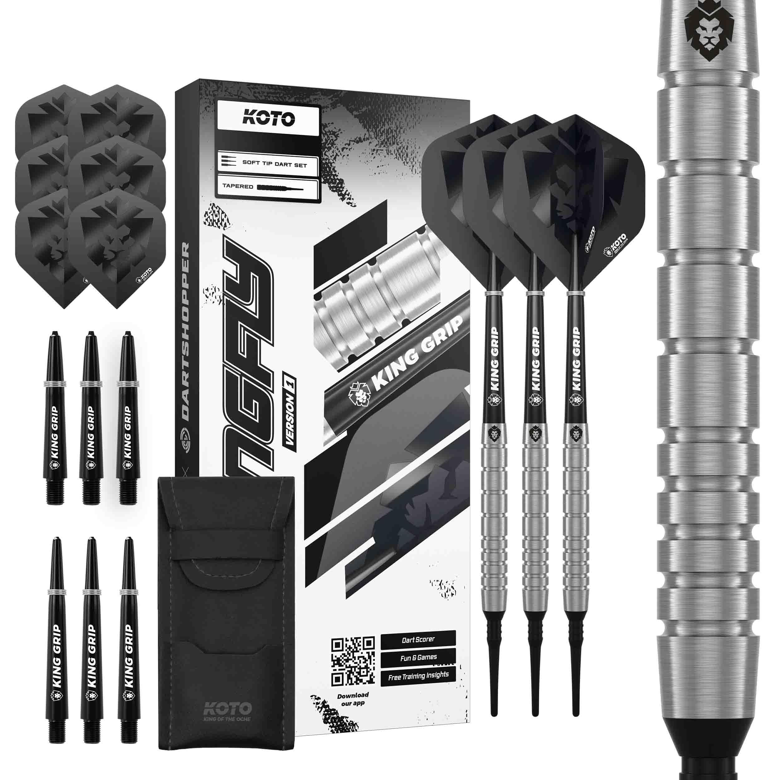 KOTO - Kingfly V1 90% Softdarts,18 G, Silber, Soft Tip Dartpfeile Inkl. 3 Barrels, 2 Sets Flights + Schäfte & Dartwallet, Firm Ringgrip