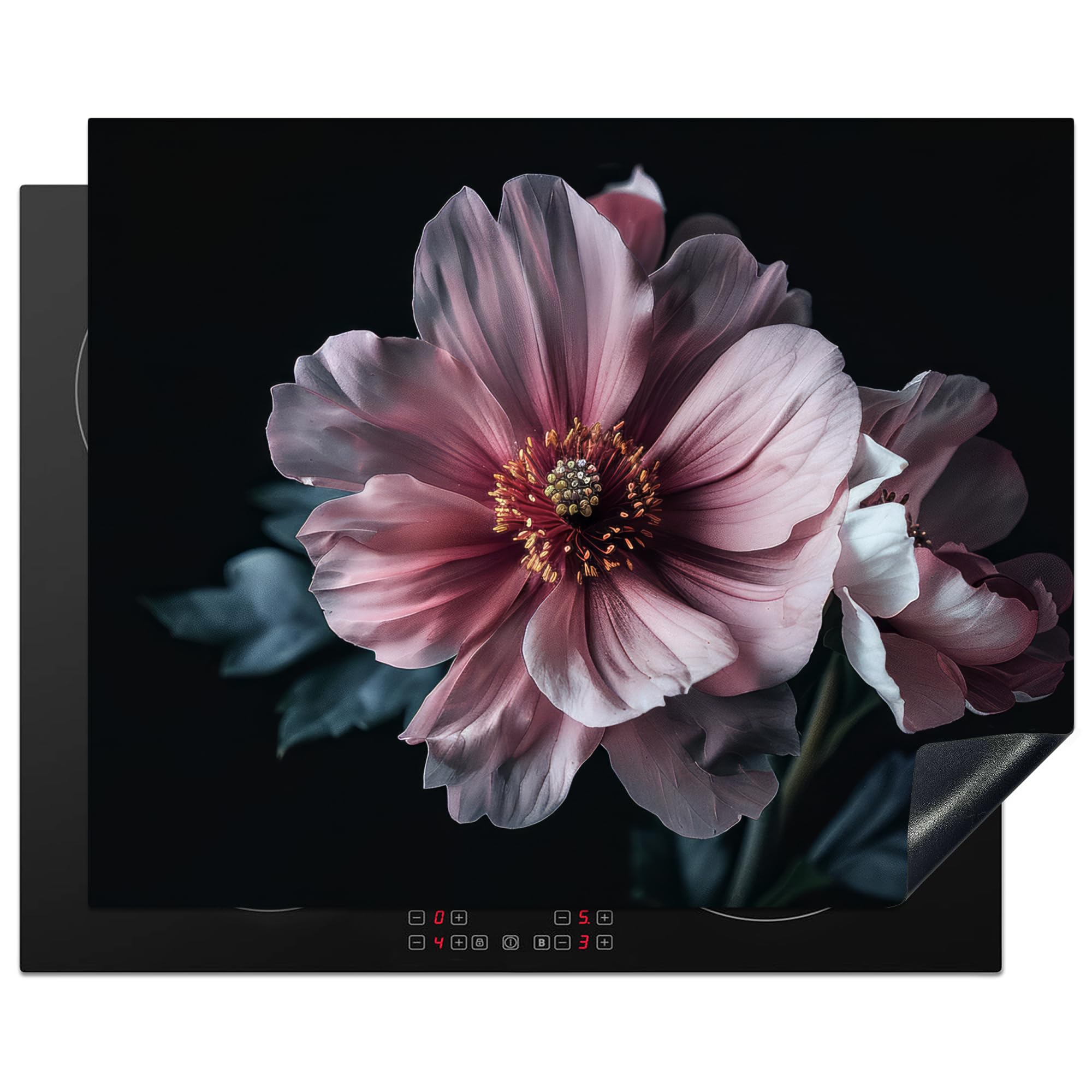 KitchenYeah© Herdabdeckplatte Einteilig Küche Herdabdeckung Induktionsfeld Ceranfeld Herdabdeckplatten Vinyl Matte Aufrollbar Blumen - Rosa - Botanisch - Schwarz - Stillleben - Natur - 65x52 cm