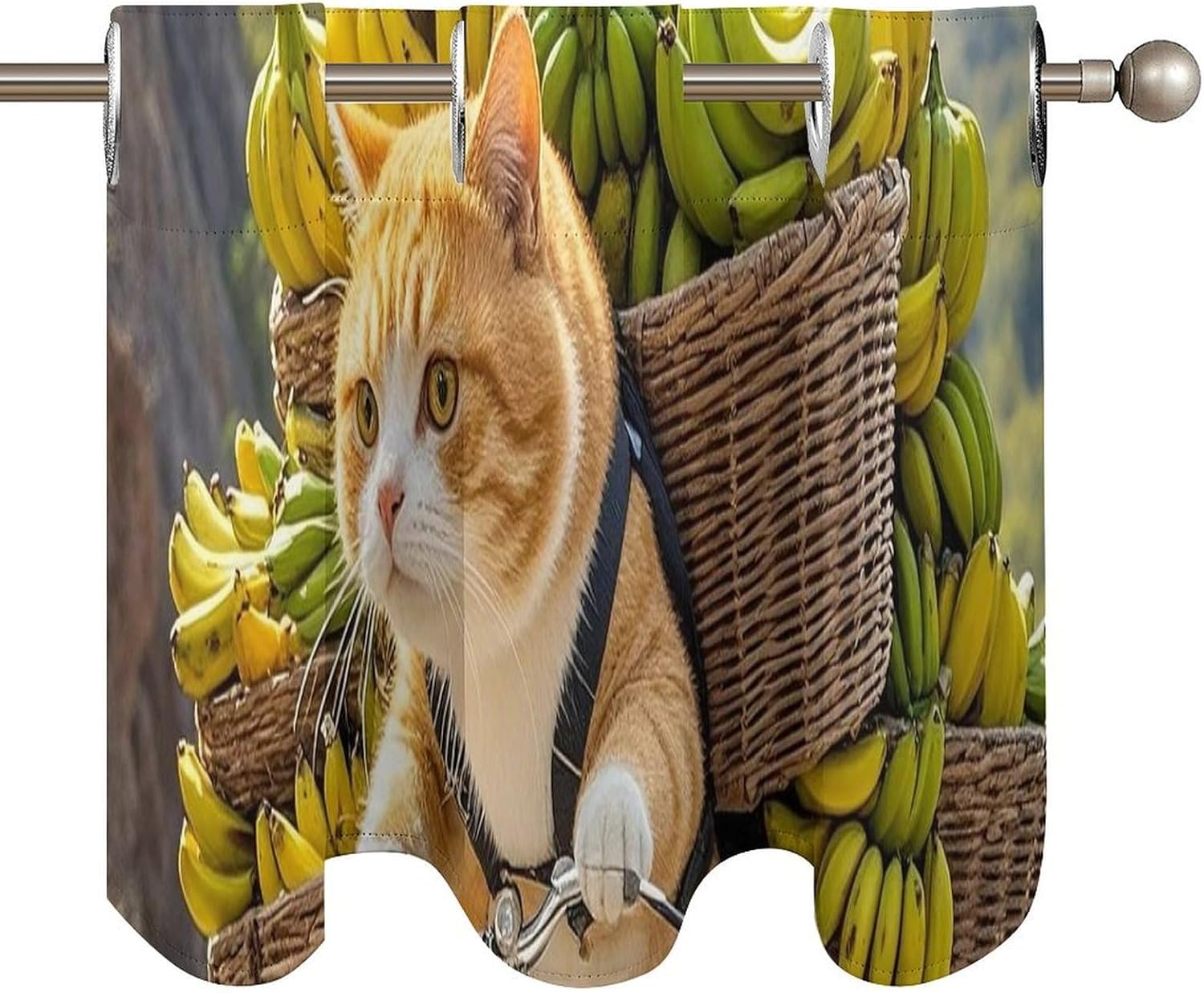 Cats Ride Bikes to Deliver Bananas Valance for Windows, 2 Pack Kitchen Curtains Modern Home Decor, Soft Blackout Window Curtains for Living Room & Bedroom, 18 X 52 Inch