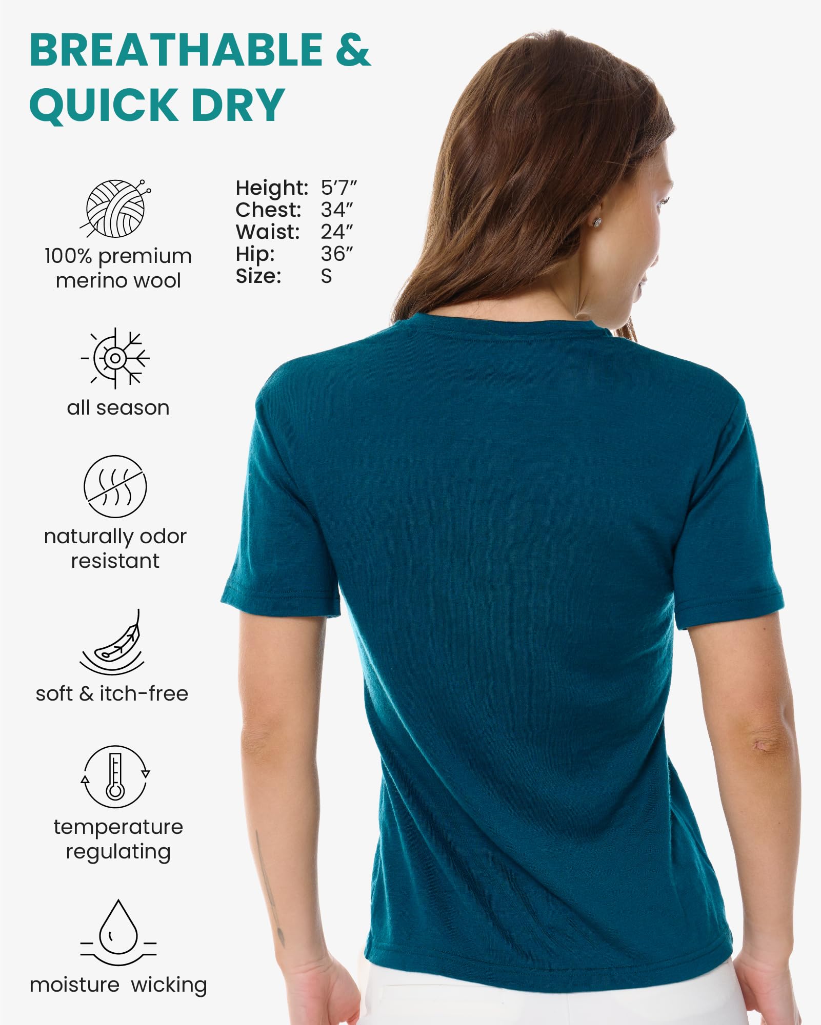 Merino.tech Maglietta Donna - T Shirt Lana Merino Manica Corta, 100% Intimo Lana Merinos Donna (Dark Teal V-Neck, x-Large)