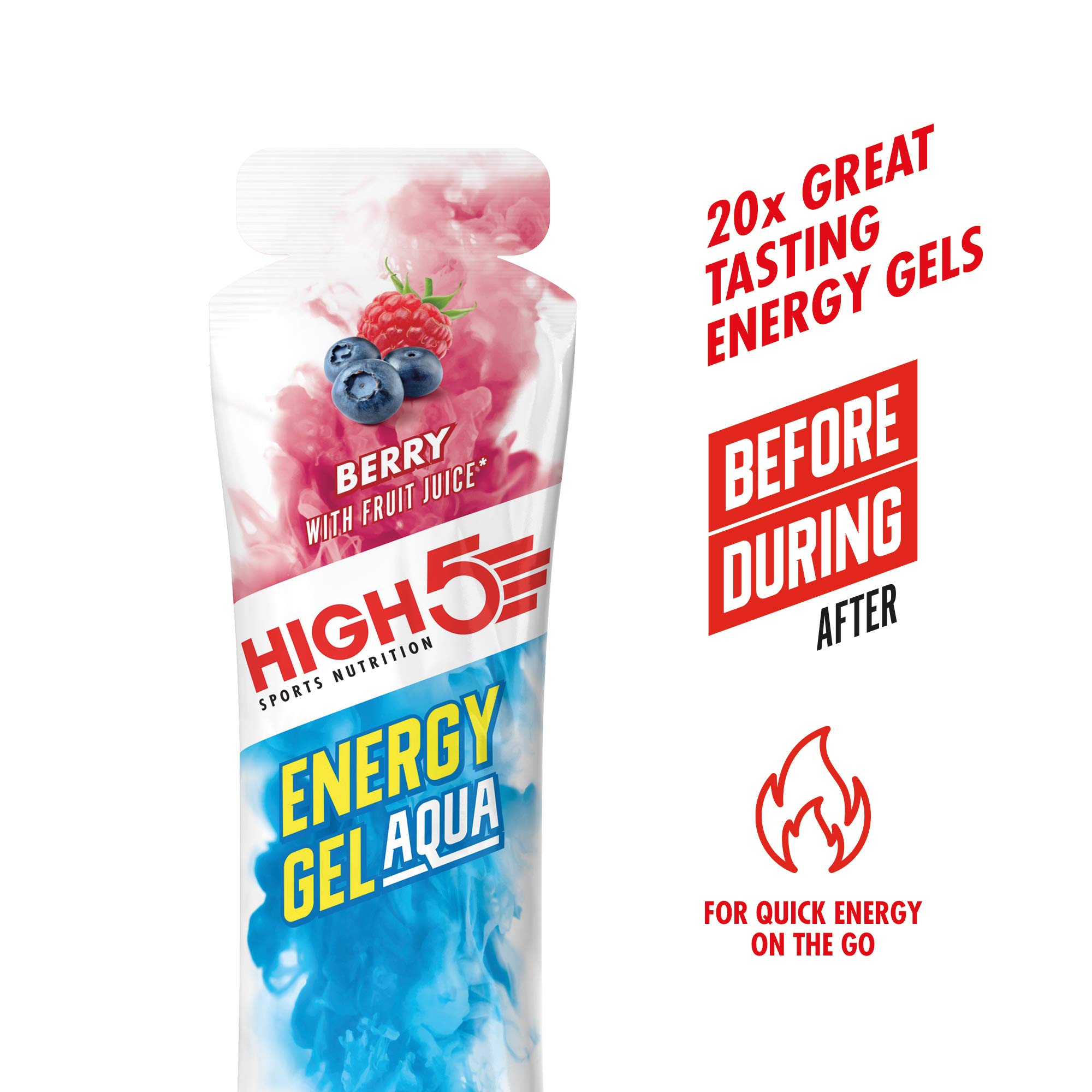 HIGH5 Energy Gels Aqua - Schnelle Energiezufuhr mit Sport Gel für Spitzenleistung - Natürlichem Fruchtsaft - Koffeinfrei Energie Gel für Laufen, Running, Marathon, Radsport, Ausdauer (Beere, 20 x 66g)