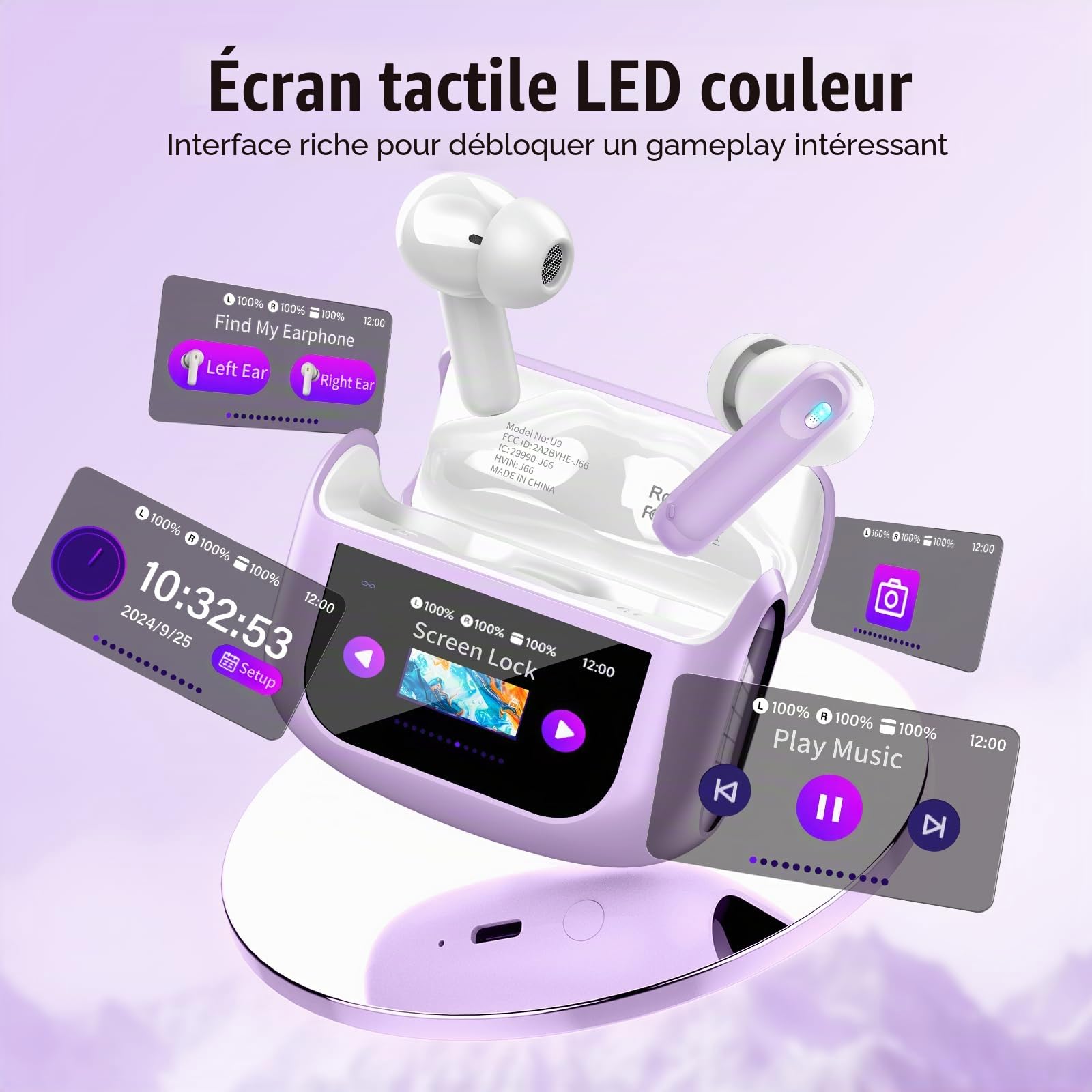 Ecouteurs Bluetooth sans Fil, 48H Écouteur Bluetooth 5.4 avec Écran Tactile Multifonction, IPX7 Étanche Stéréo Immersif Ecouteurs sans Fil avec Réduction du Bruit ANC/ENC/Mode Transparence, Violet