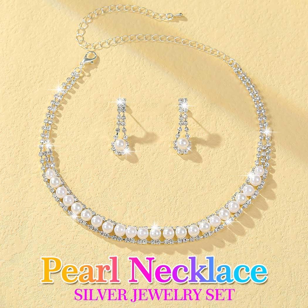 Aukmla Bridal Wedding Jewelry Set Silver Sparkly Pearl Choker Necklace Earrings Sets Rhinestone Prom Jewelry for Women and Brides - Image 2
