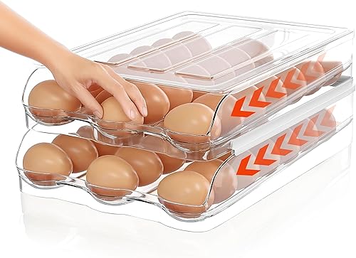 Soporte para 36 huevos para refrigerador, organizador automático de huevos de 2 niveles para ahorrar espacio y almacenamiento fresco, sin BPA