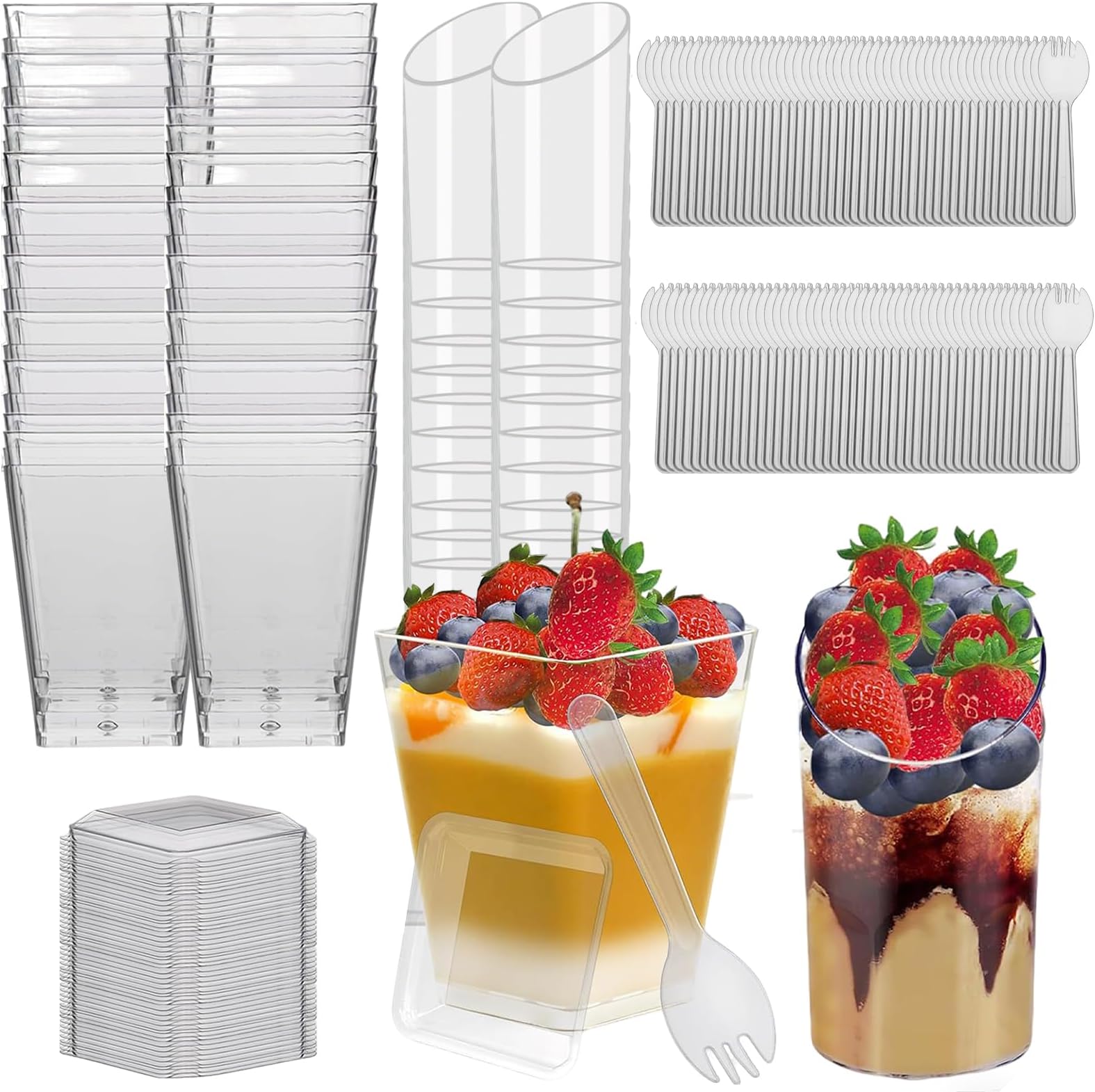 MerryNine 100 Pack 150ml/5.4oz Mini Dessert Cups, Clear Plastic Dessert Cups with Lids and Spoons, Parfait Appetizer Cup, Reusable Container for Party, Pudding, Mousse, Angled Round and Trapezoid